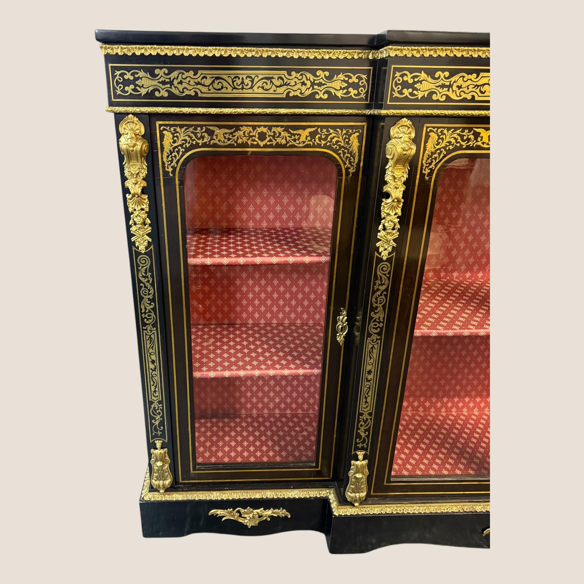 Antique Victorian Ebonised & Brass Inlaid Boulle Breakfront Credenza Sideboard For Sale 1