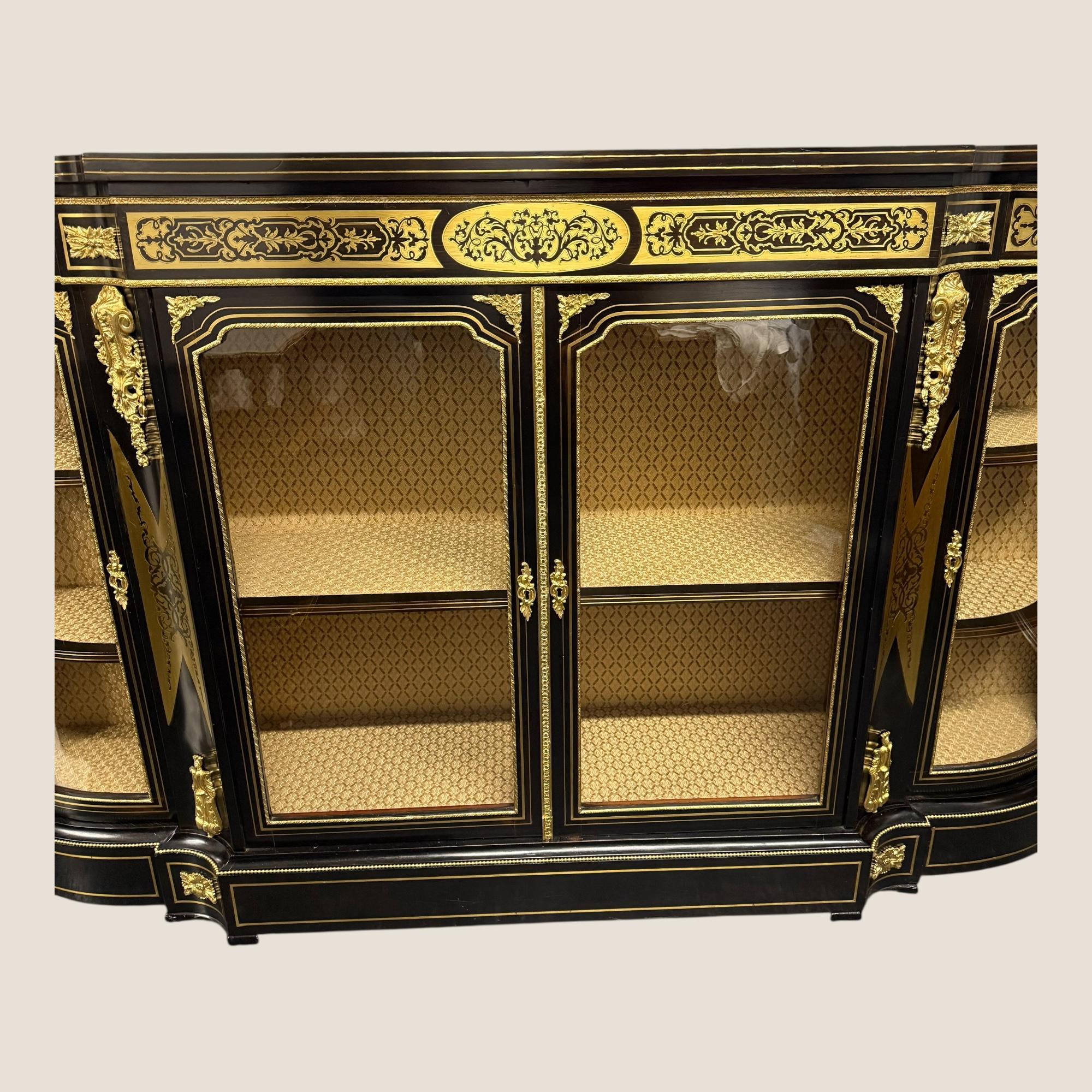 Antique Victorian Ebonised & Brass Ormolu Serpentine Boulle Credenza Sideboard For Sale 2