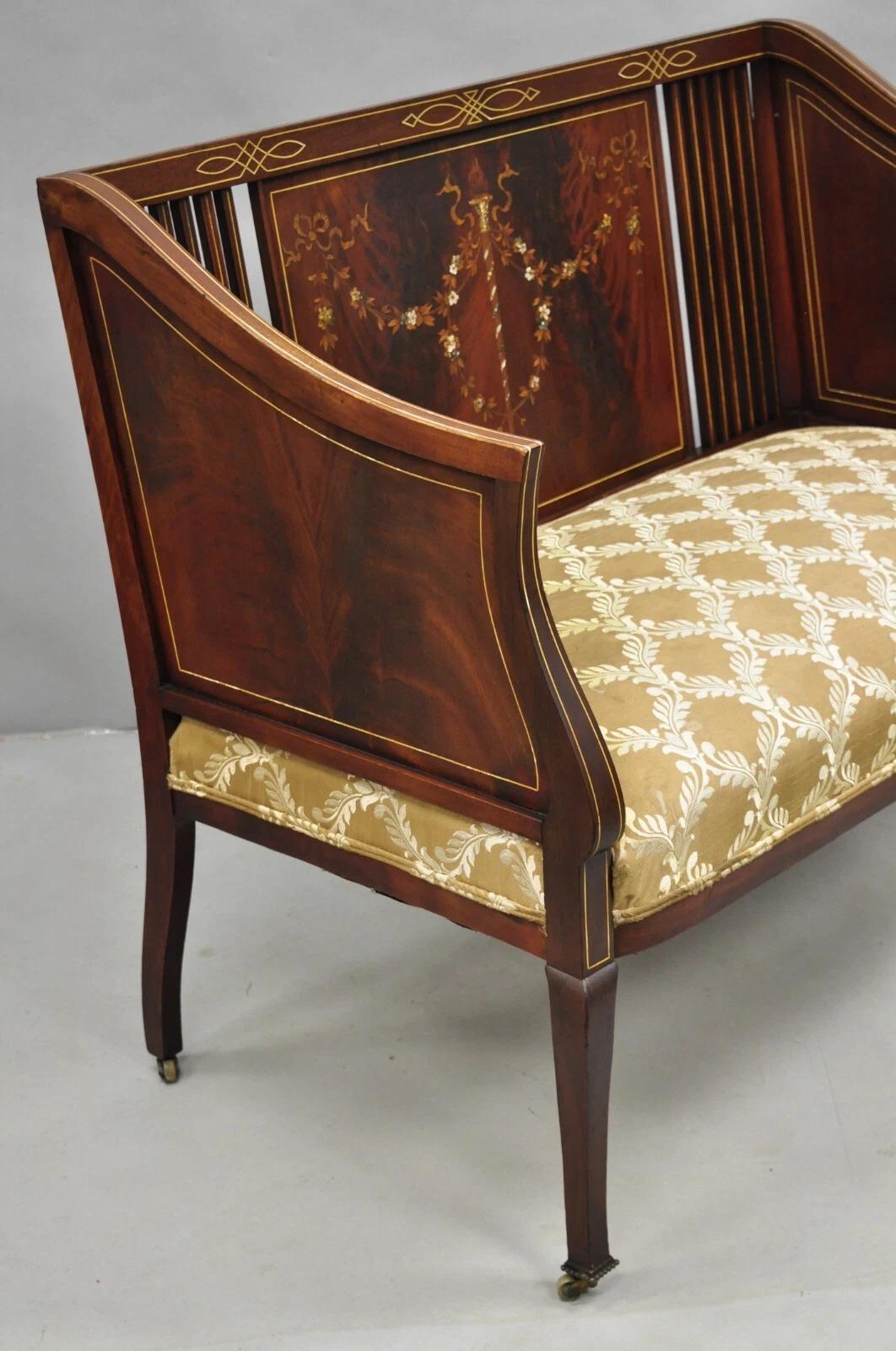 Antique Victorian Edwardian Mahogany Settee Loveseat w/ Mother of Pearl Inlay For Sale 6