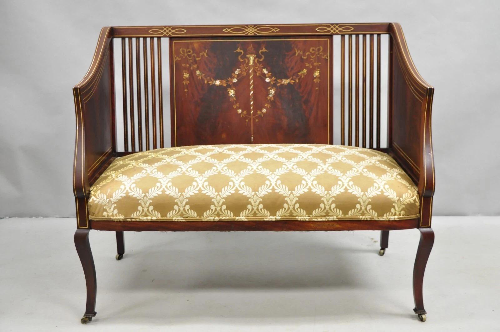 Antique Victorian Edwardian Mahogany Settee Loveseat w/ Mother of Pearl Inlay For Sale 7