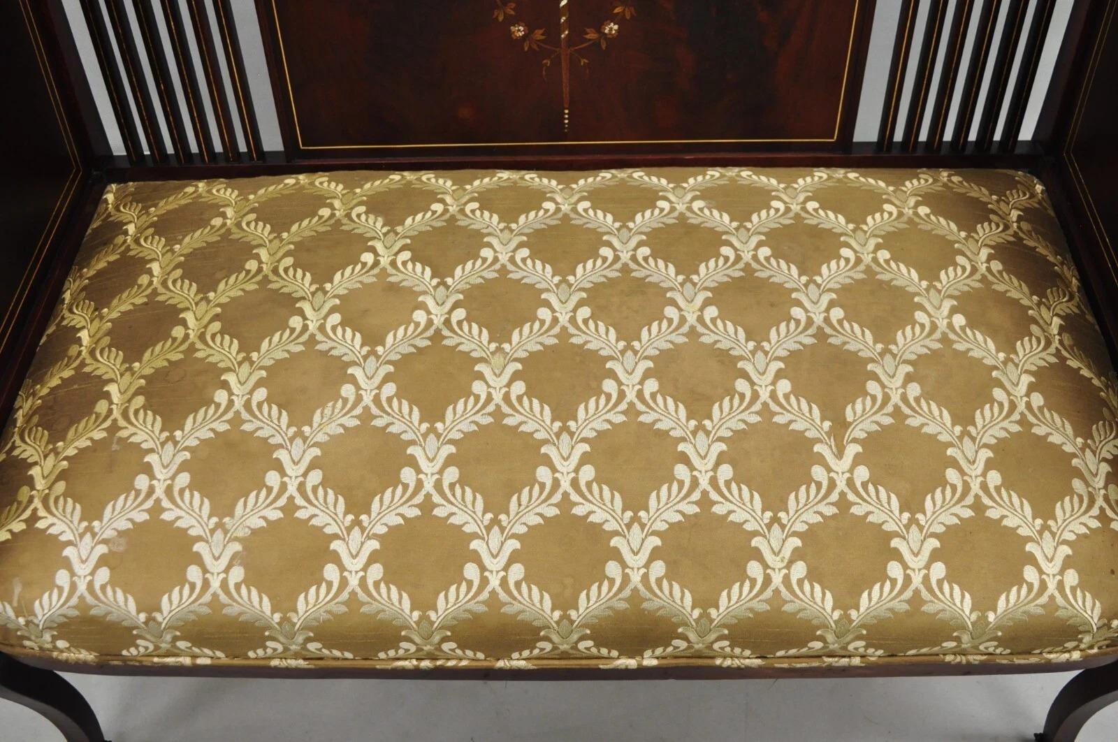 Antique Victorian Edwardian Mahogany Settee Loveseat w/ Mother of Pearl Inlay For Sale 1