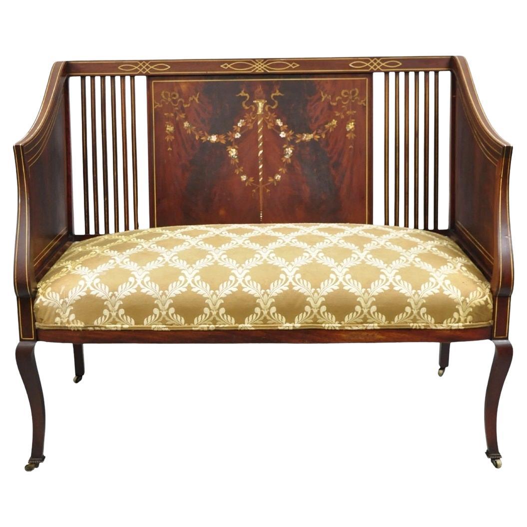 Antique Victorian Edwardian Mahogany Settee Loveseat w/ Mother of Pearl Inlay For Sale