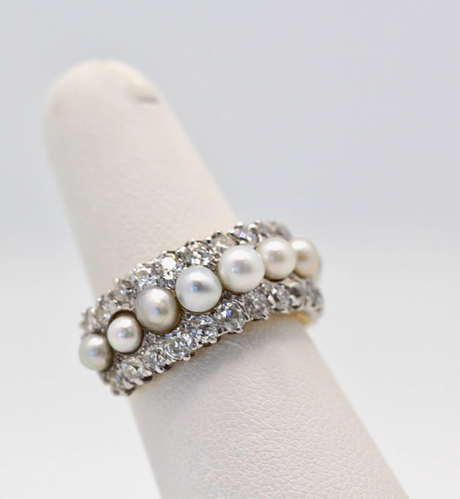 Art Nouveau Antique Victorian Edwardian Pearl & Diamond Split Shank Ring 18K Yellow Gold 6.5