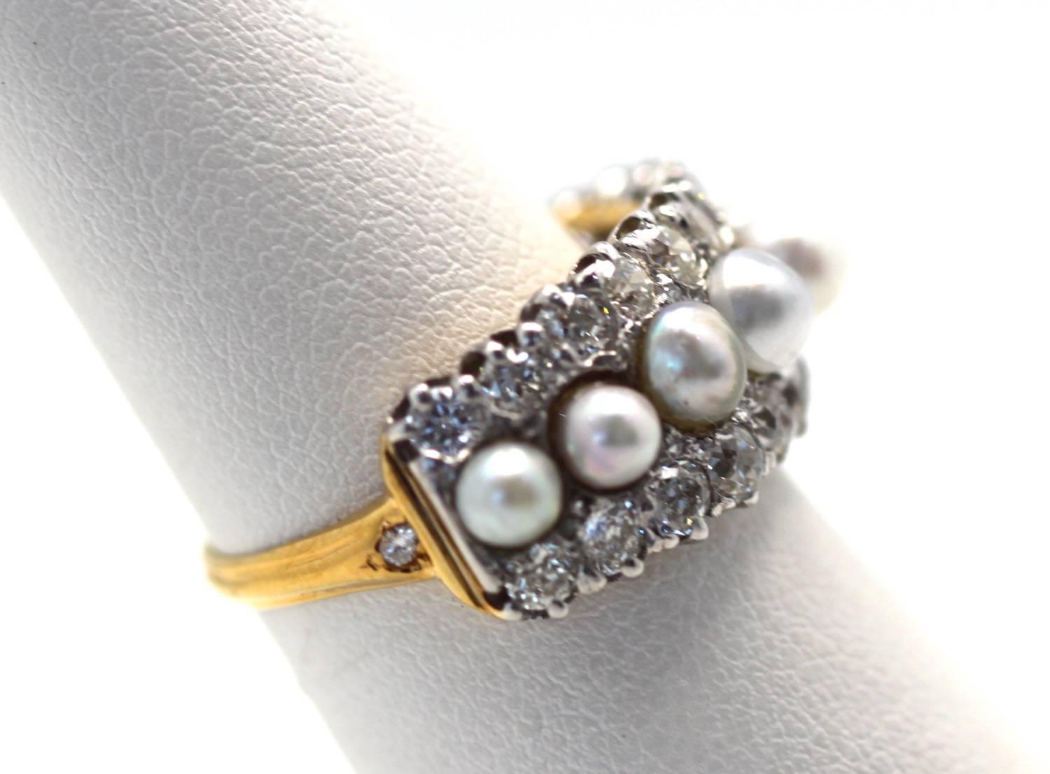 Round Cut Antique Victorian Edwardian Pearl & Diamond Split Shank Ring 18K Yellow Gold 6.5