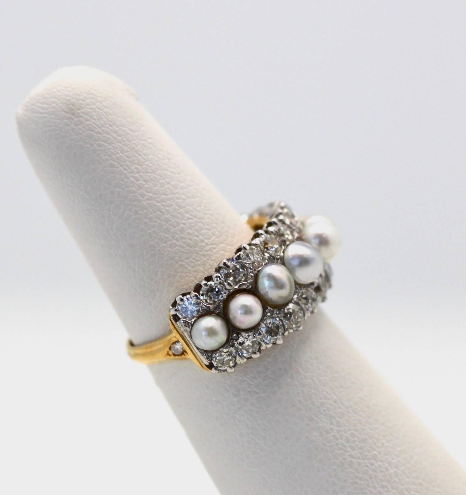 Antique Victorian Edwardian Pearl & Diamond Split Shank Ring 18K Yellow Gold 6.5 In Good Condition In North Hollywood, CA