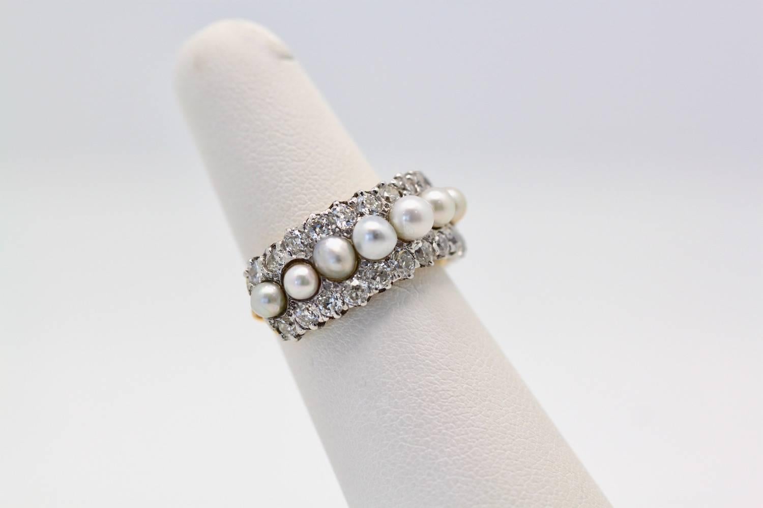 Women's Antique Victorian Edwardian Pearl & Diamond Split Shank Ring 18K Yellow Gold 6.5