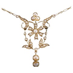 Antique Victorian/Edwardian Pearl Necklace 14K Gold Flower Design - c.1900