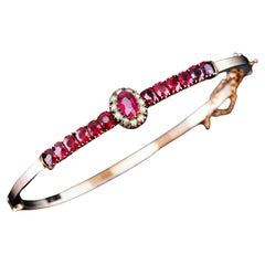 Antique Victorian/Edwardian Pink Garnet & Seed Pearl Bangle 9K Gold - c.1900