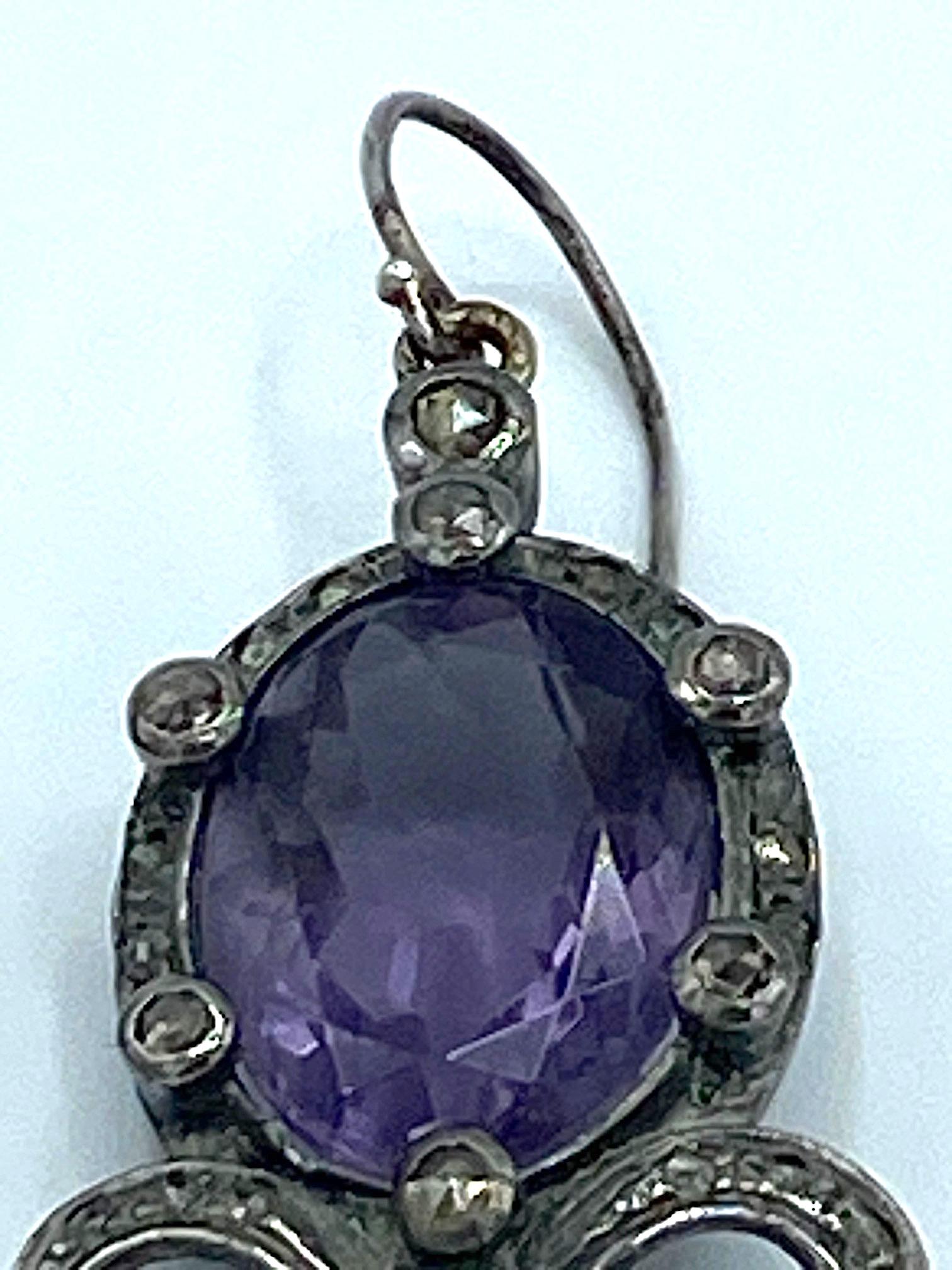 Antique Victorian Edwardian Sterling, Amethyst & Diamond Earrings 6