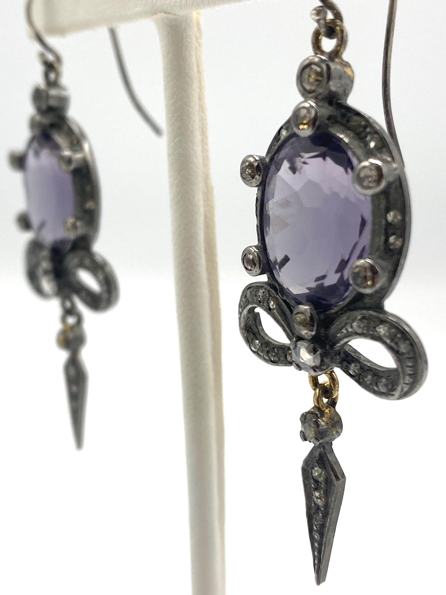 Antique Victorian Edwardian Sterling, Amethyst & Diamond Earrings 7