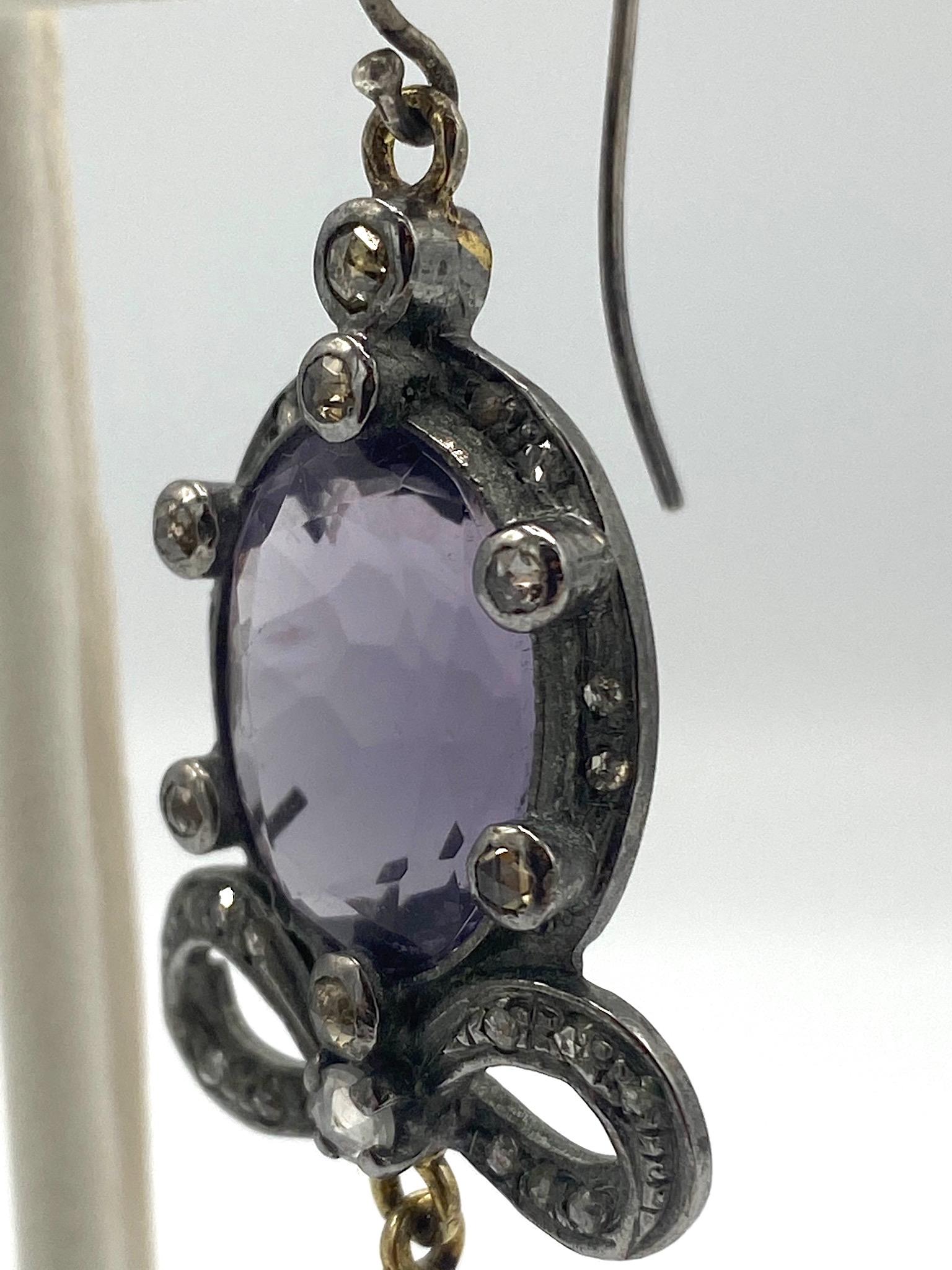 Antique Victorian Edwardian Sterling, Amethyst & Diamond Earrings 9