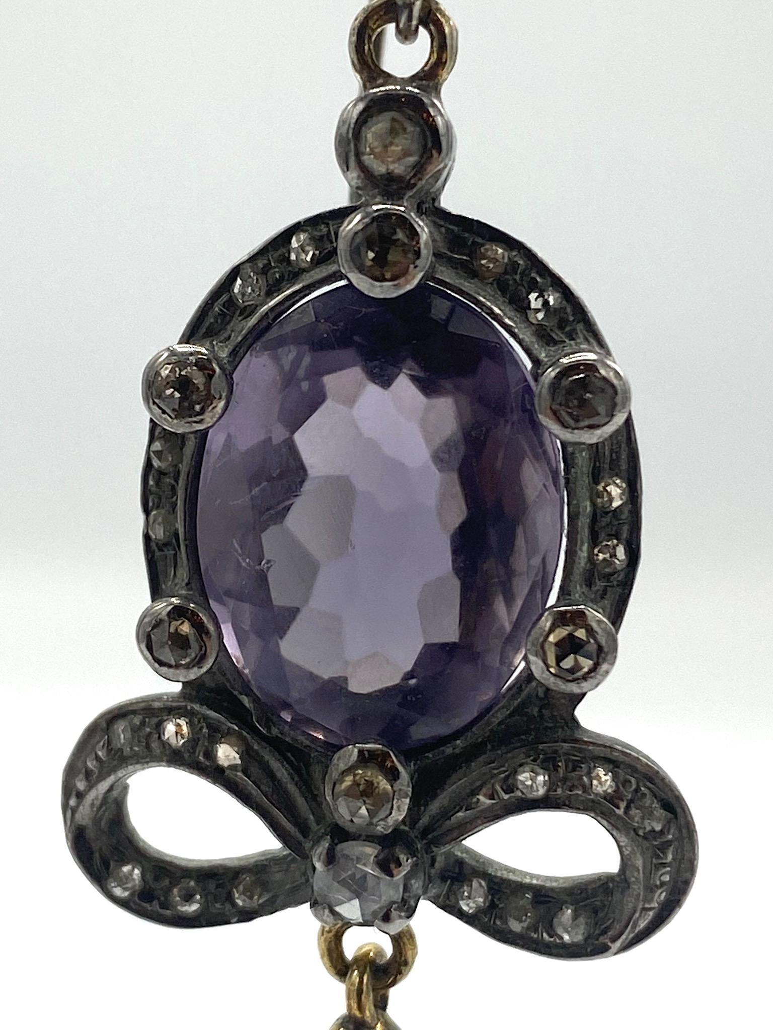 Antique Victorian Edwardian Sterling, Amethyst & Diamond Earrings 10