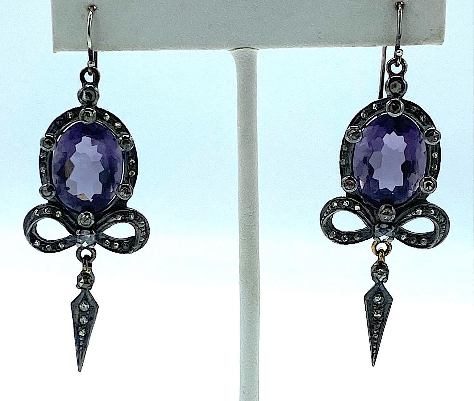 Antique Victorian Edwardian Sterling, Amethyst & Diamond Earrings In Good Condition In New York, NY