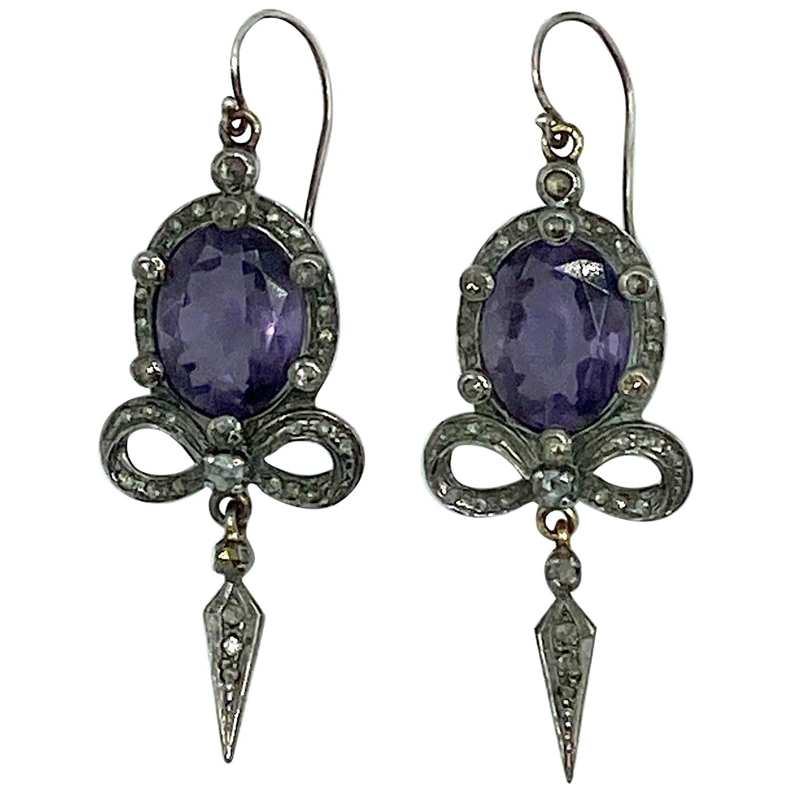 Antique Victorian Edwardian Sterling, Amethyst & Diamond Earrings