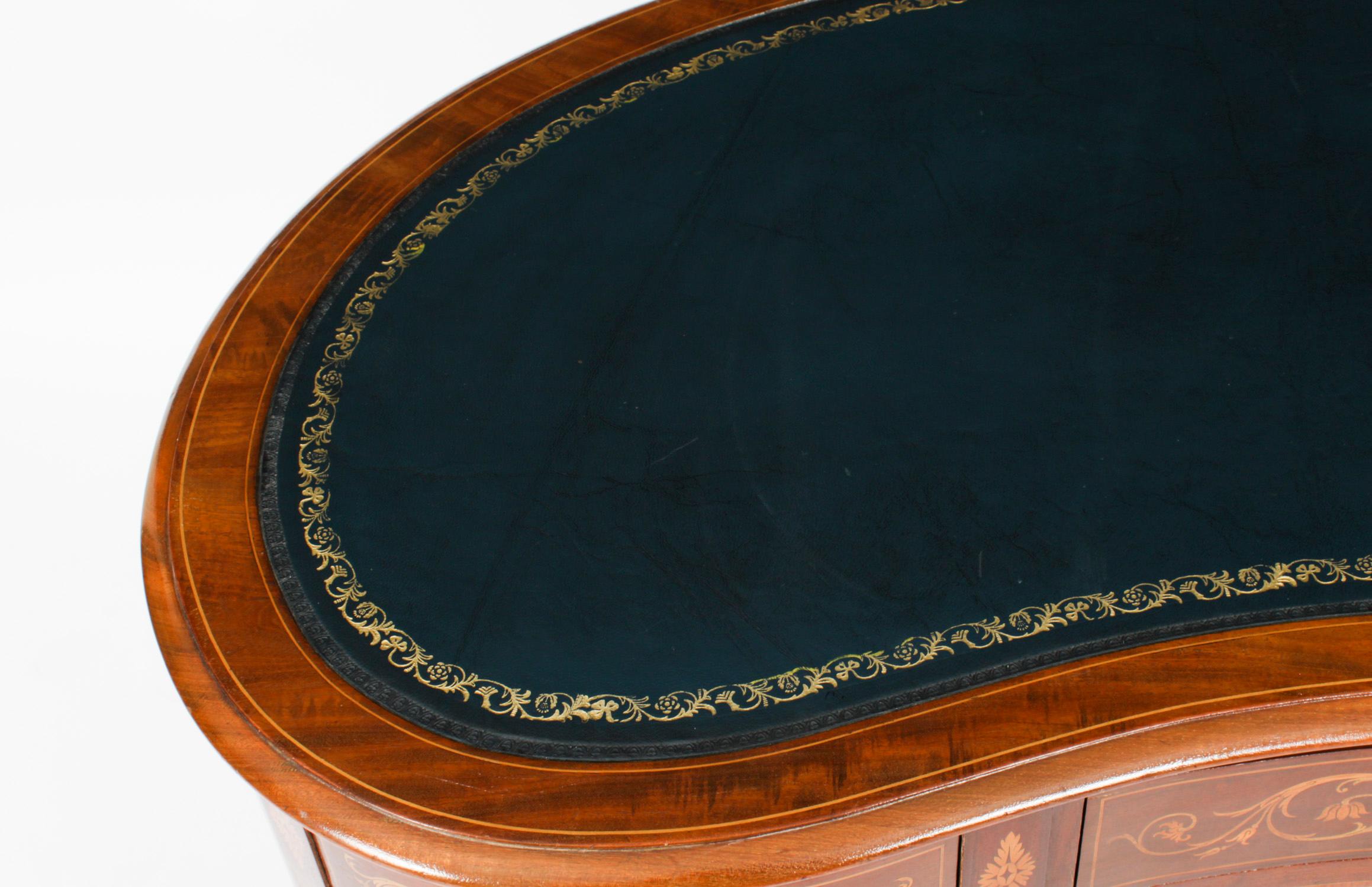 English Antique Victorian Edwards & Roberts Inlaid Kidney Desk 19th Century