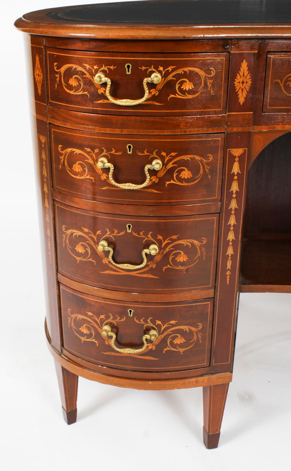 Marquetry Antique Victorian Edwards & Roberts Inlaid Kidney Desk 19th Century