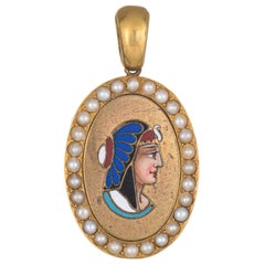 Antique Victorian Egyptian Revival Cleopatra Pendant 18 Karat Yellow Gold Enamel