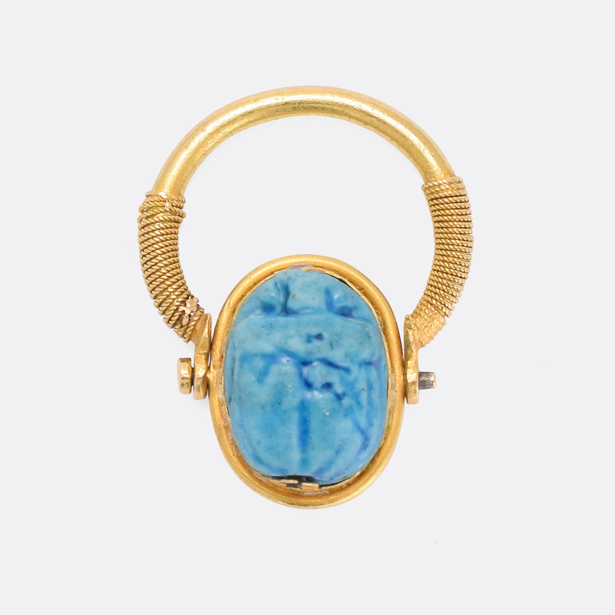 Women's or Men's Antique Victorian Egyptian Revival Faience Scarab Spinner Ring