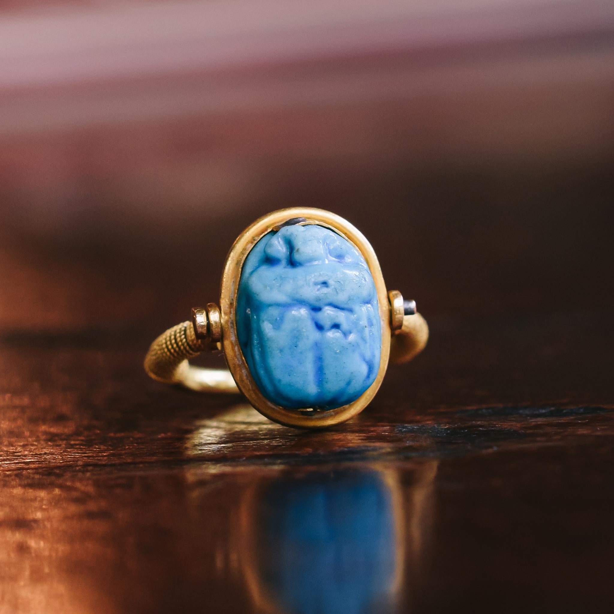 Antique Victorian Egyptian Revival Faience Scarab Spinner Ring 2