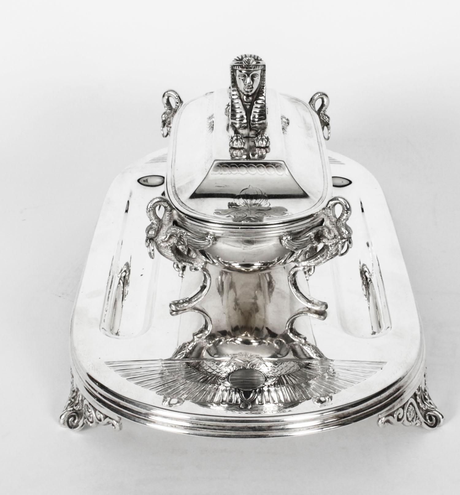 Antique Victorian Egyptian Revival Silver Plate Ink Well Stand, 19th Century 6