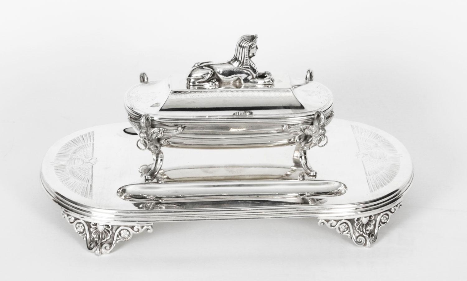 Antique Victorian Egyptian Revival Silver Plate Ink Well Stand, 19th Century 2