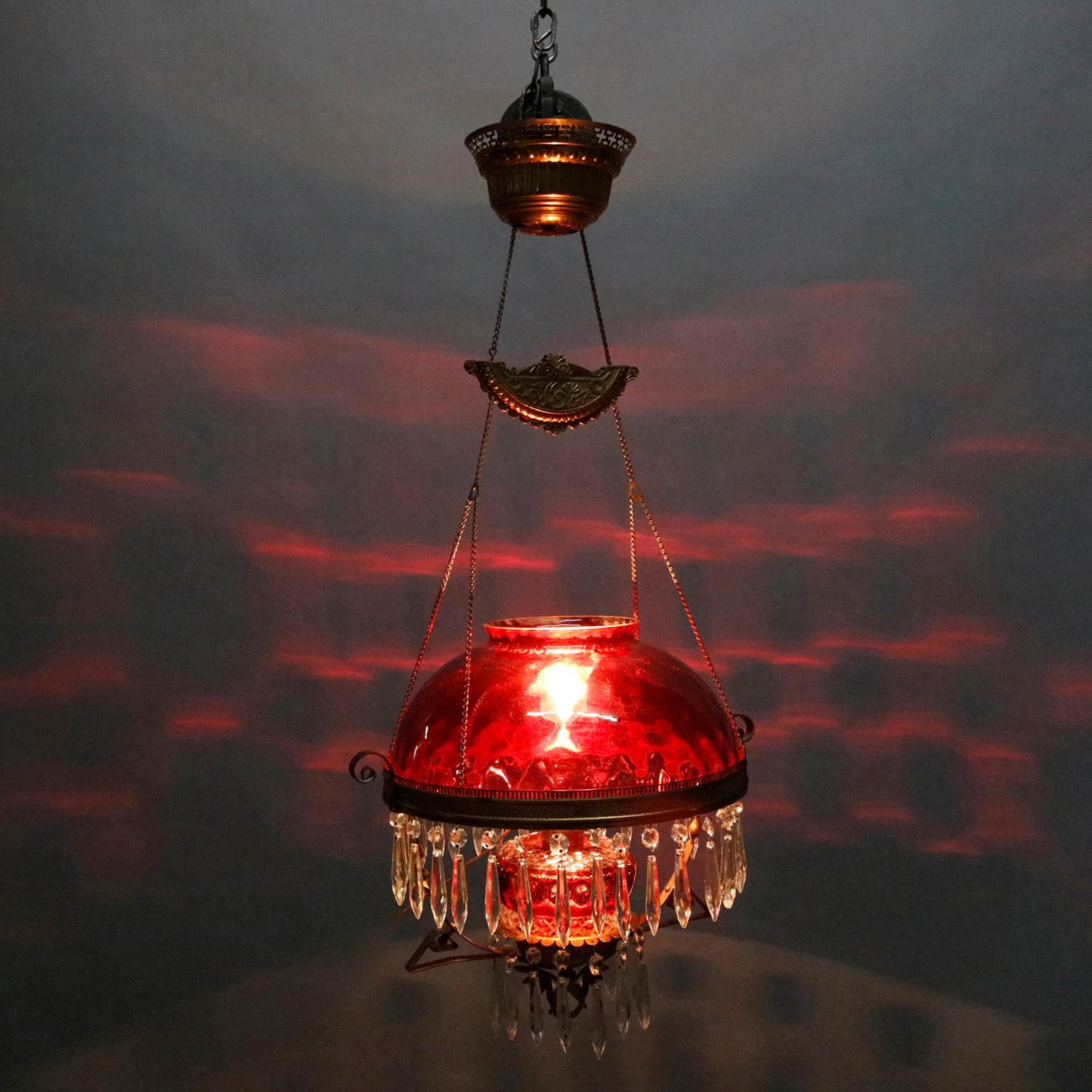 Victorian Electric Cranberry Glass, Brass and Crystal Banquet Light, circa 1890 4
