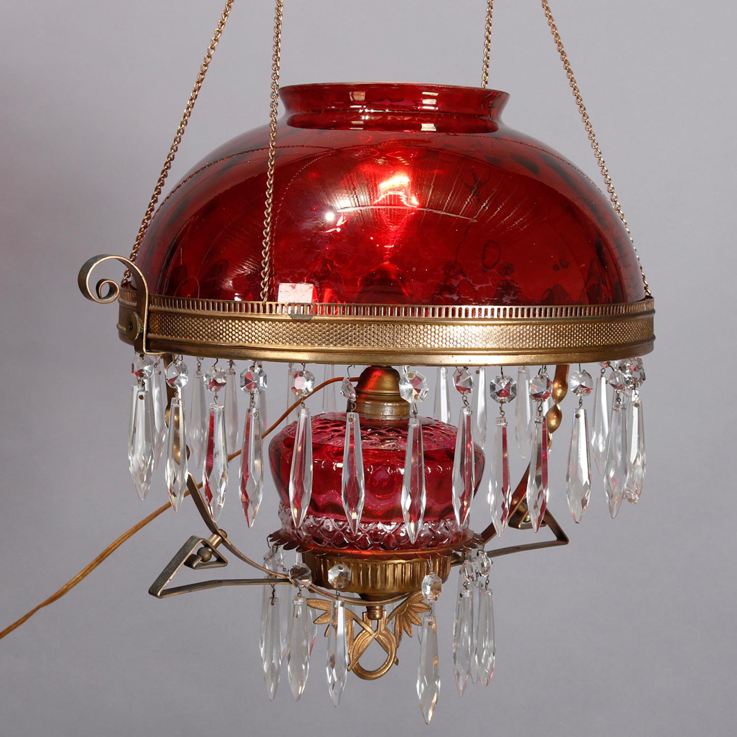 American Victorian Electric Cranberry Glass, Brass and Crystal Banquet Light, circa 1890