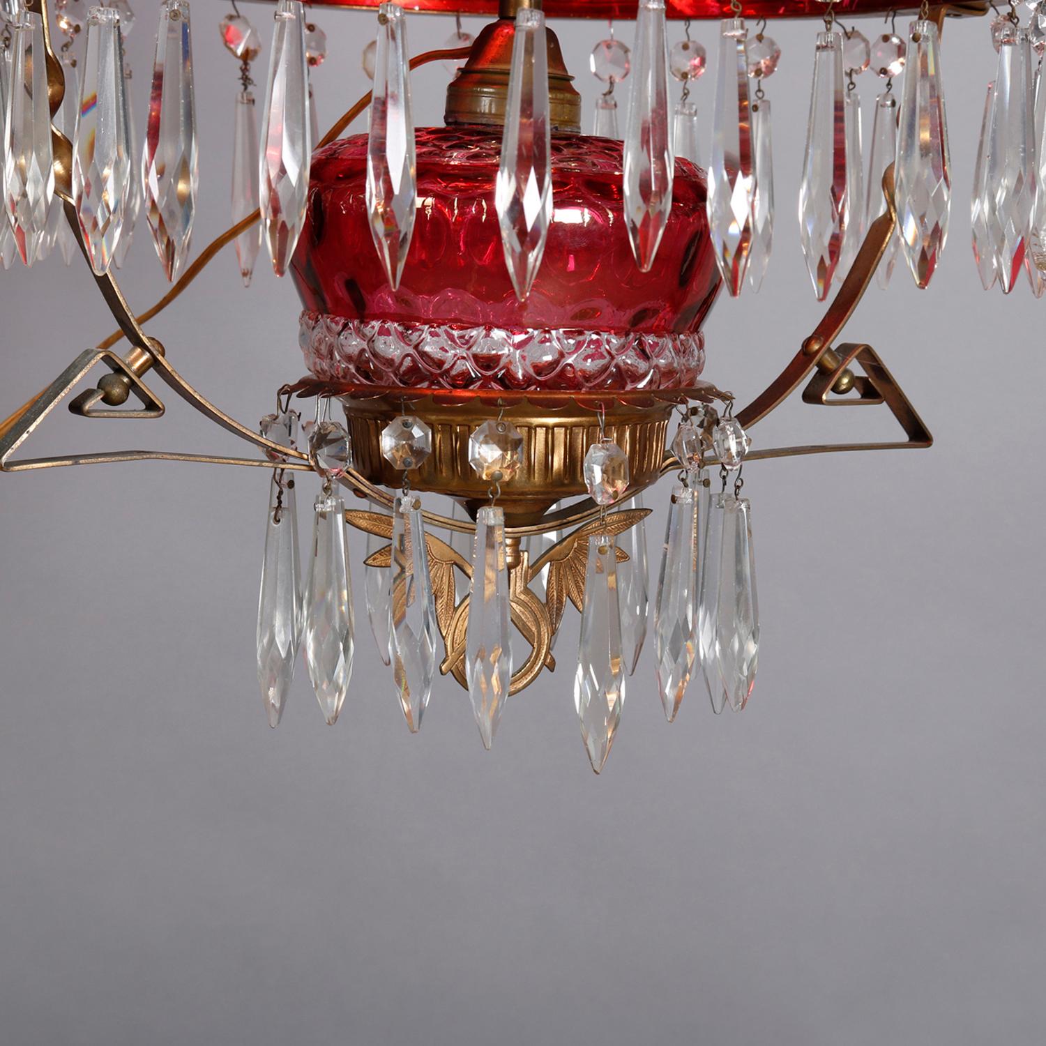 Victorian Electric Cranberry Glass, Brass and Crystal Banquet Light, circa 1890 In Good Condition In Big Flats, NY