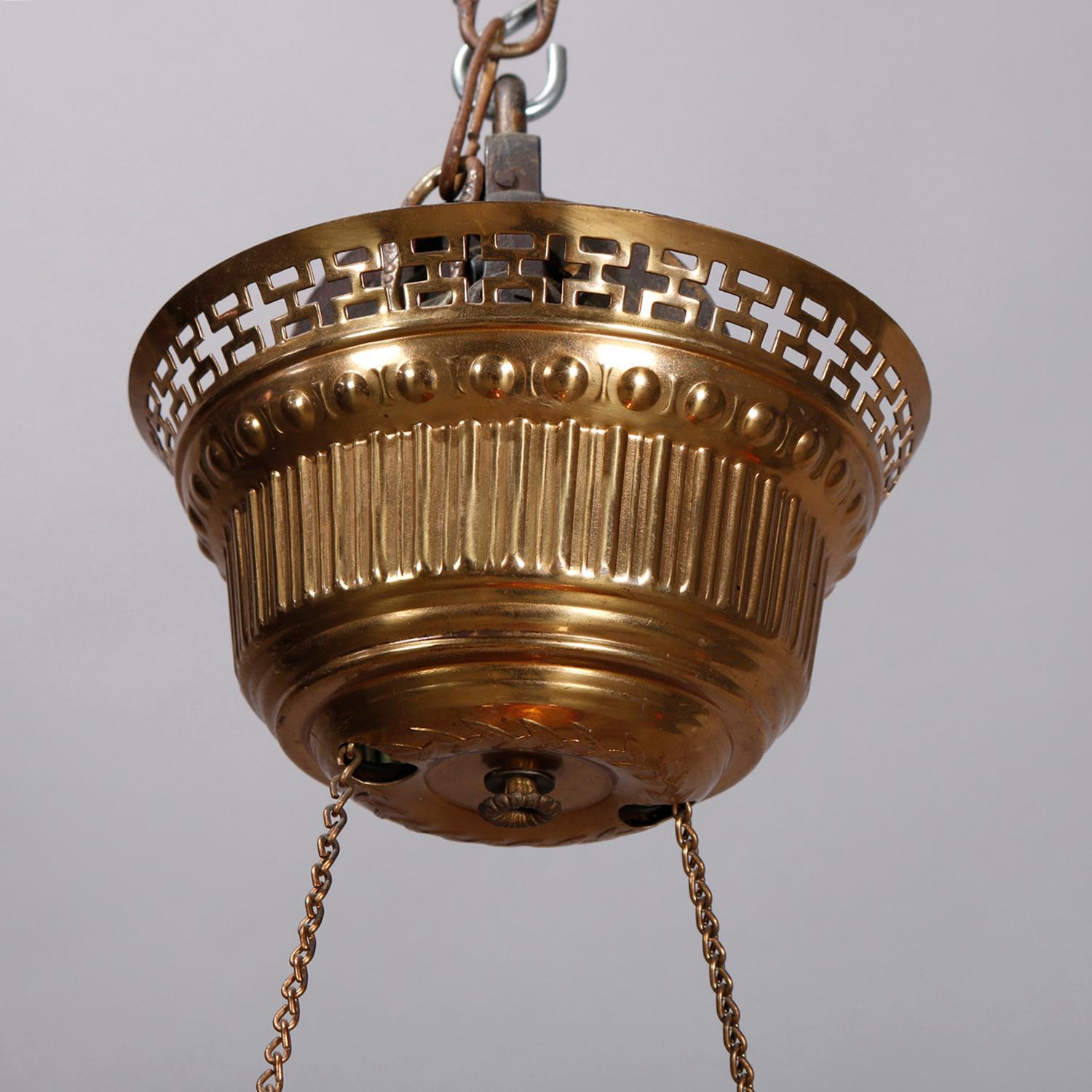 Victorian Electric Cranberry Glass, Brass and Crystal Banquet Light, circa 1890 1