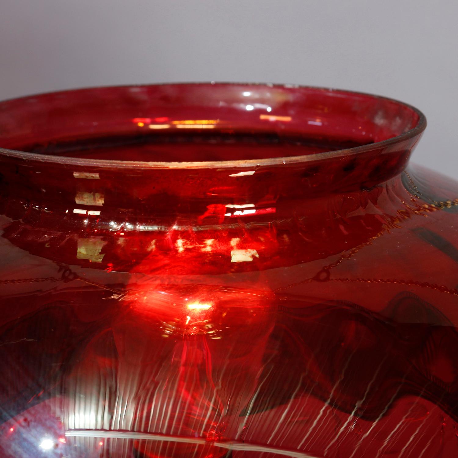Victorian Electric Cranberry Glass, Brass and Crystal Banquet Light, circa 1890 2