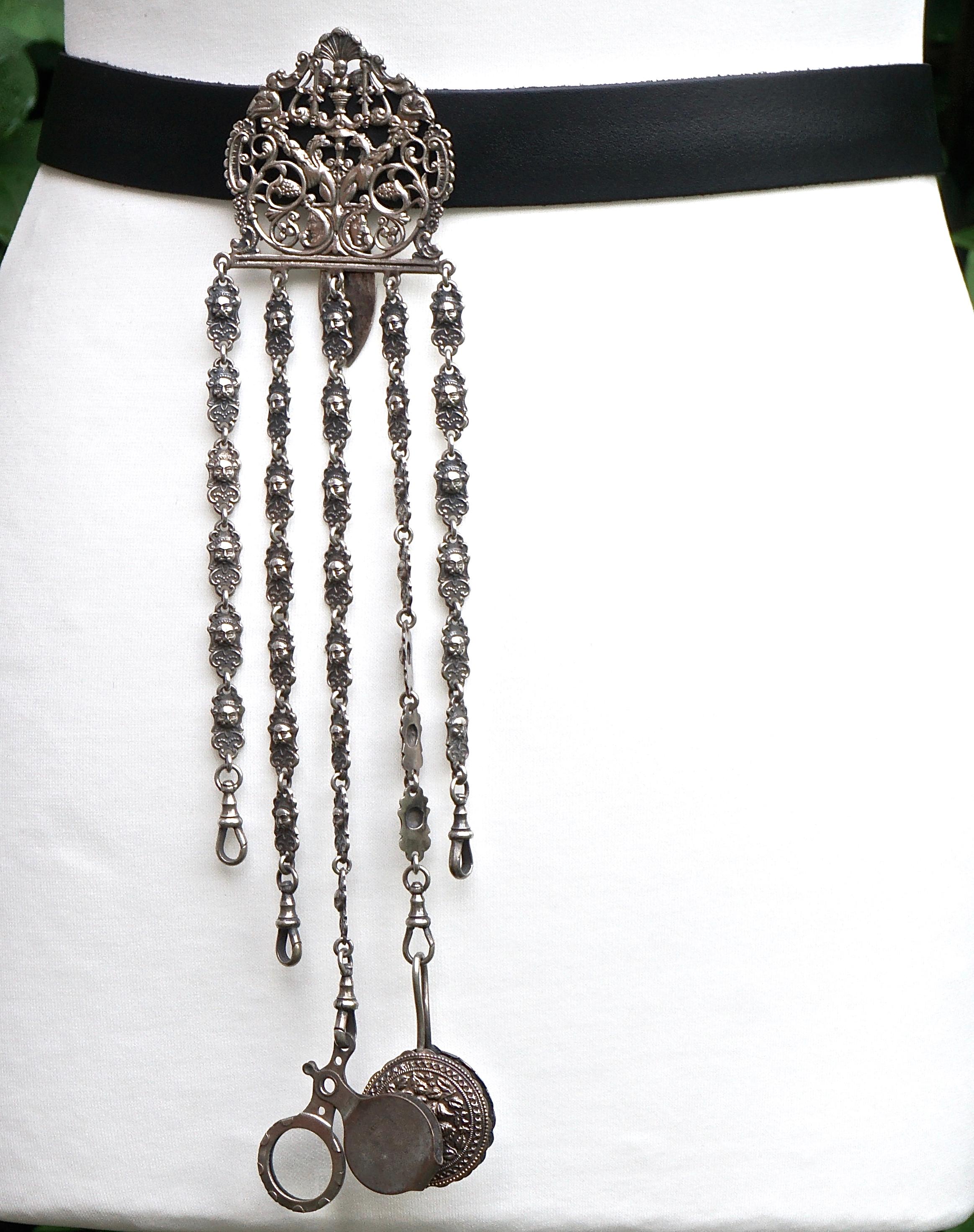 Antique Victorian Electro Plated Nickel Silver Chatelaine with Accessories For Sale 4