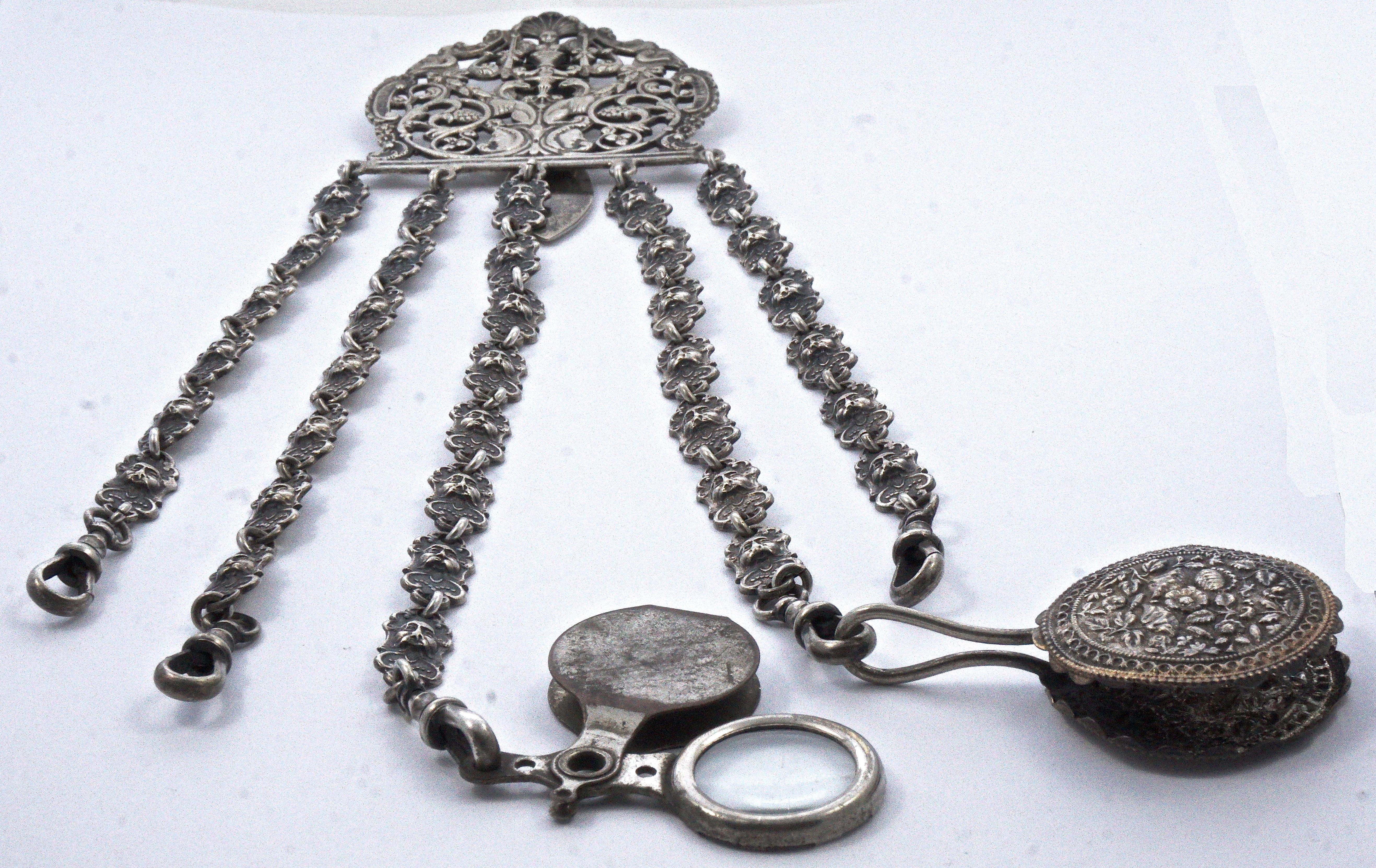 Antique Victorian Electro Plated Nickel Silver Chatelaine with Accessories For Sale 2