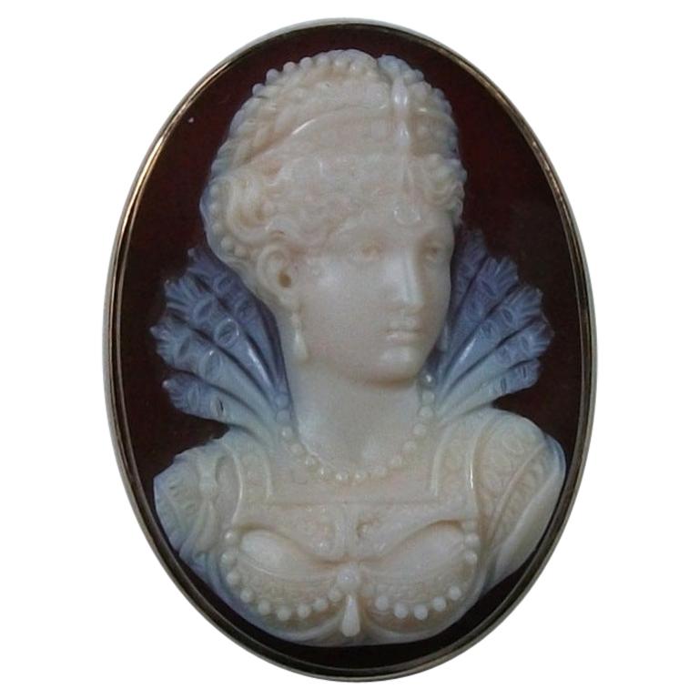 Antique Victorian Elizabethan Princess Hard Stone Cameo Brooch For Sale