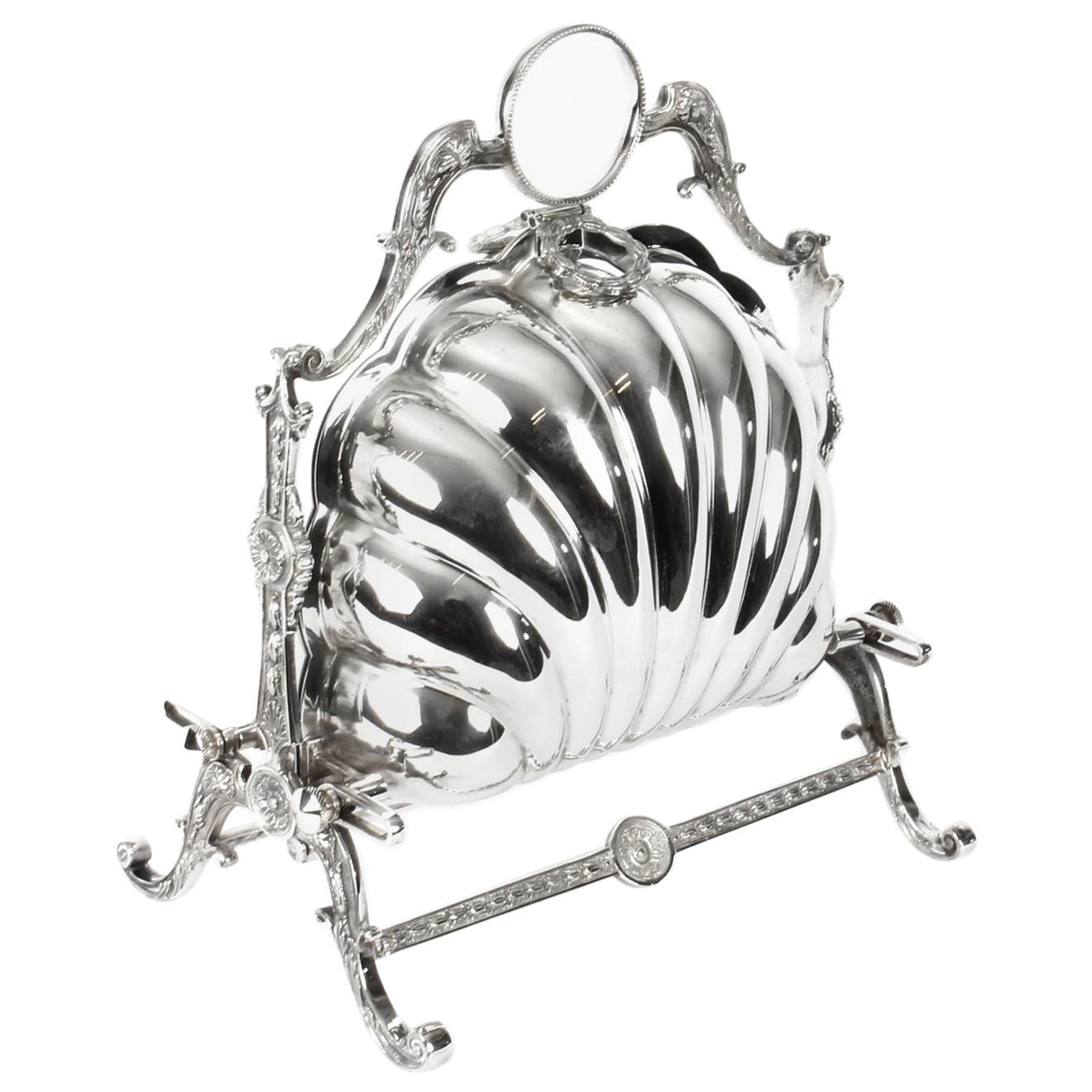 Antique Victorian Elkington 
Co. Silver Plated Shell Folding Biscuit Box