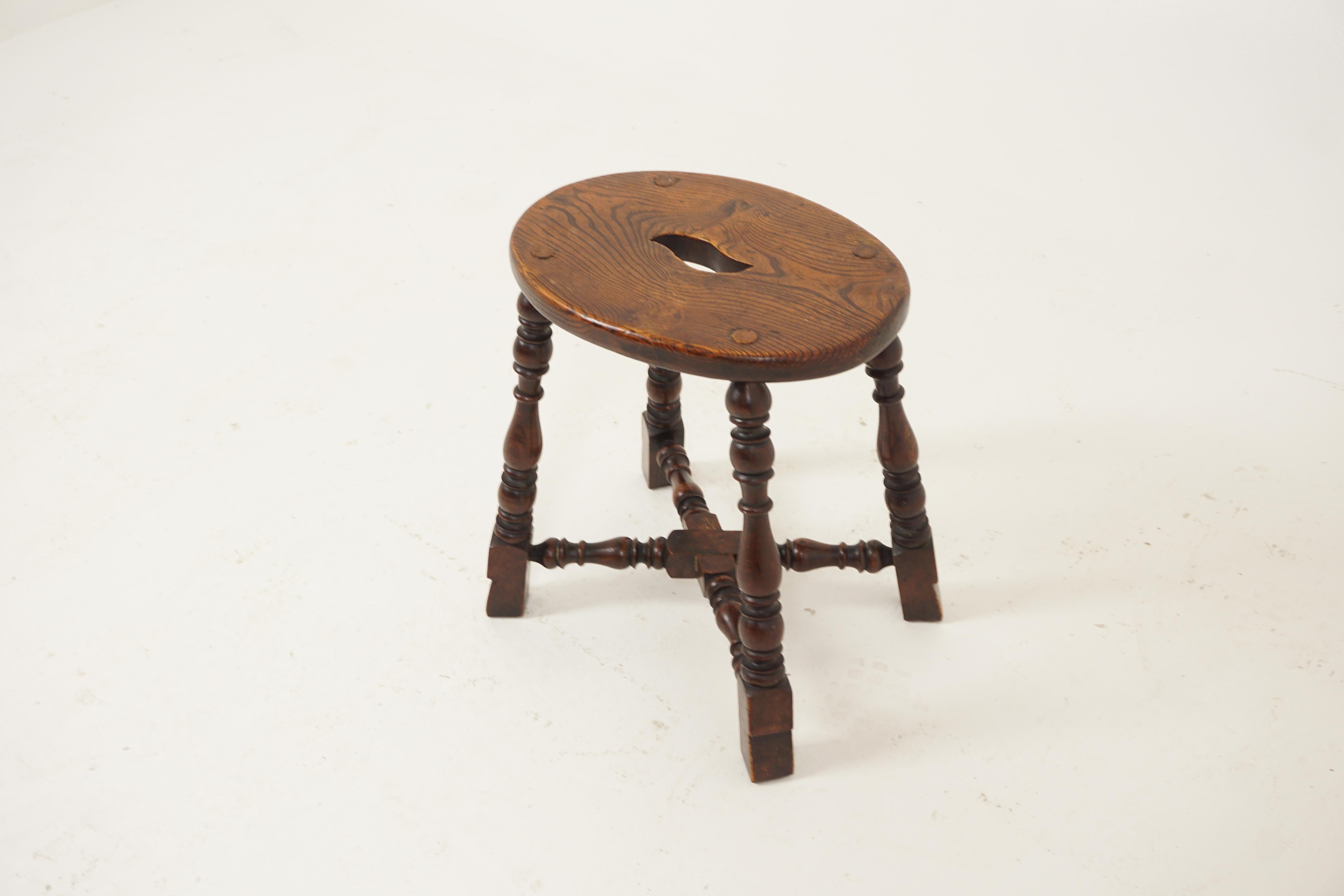 Antique Victorian Elm & Oak Joint Stool Oval Shape, Scotland 1890, H249

Scotland 1890
Solid Elm & Oak 
Original Finish 
Oval shaped top with cutout
All standing on four tuned legs
Connected with turned stretchers
Lovely quality and in good
