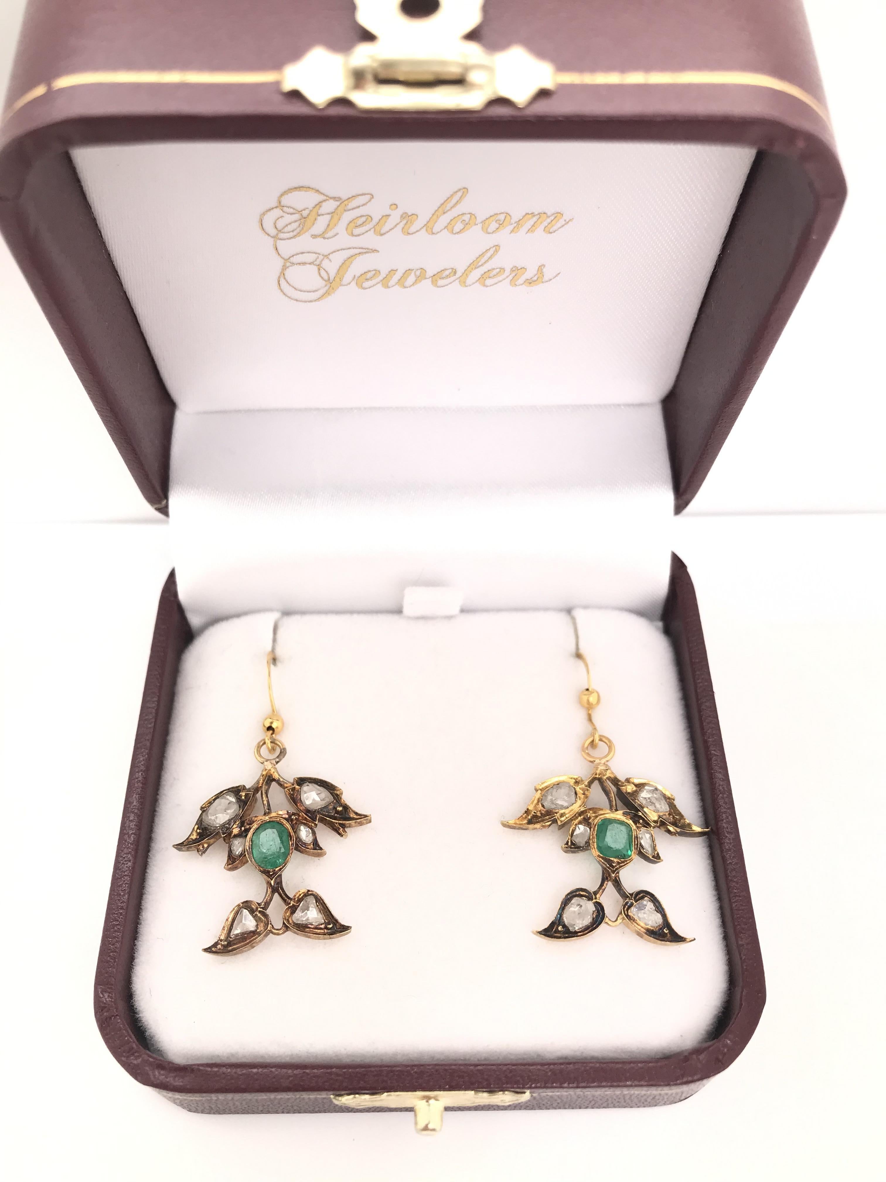 Antique Victorian Emerald and Diamond Ivy Earrings In Excellent Condition In Montgomery, AL