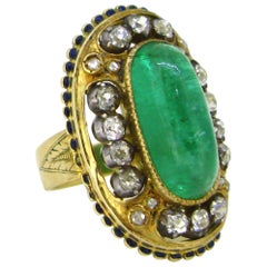 Antique Victorian Emerald and Diamonds Enamel Ring, 18kt Gold and Silver, France