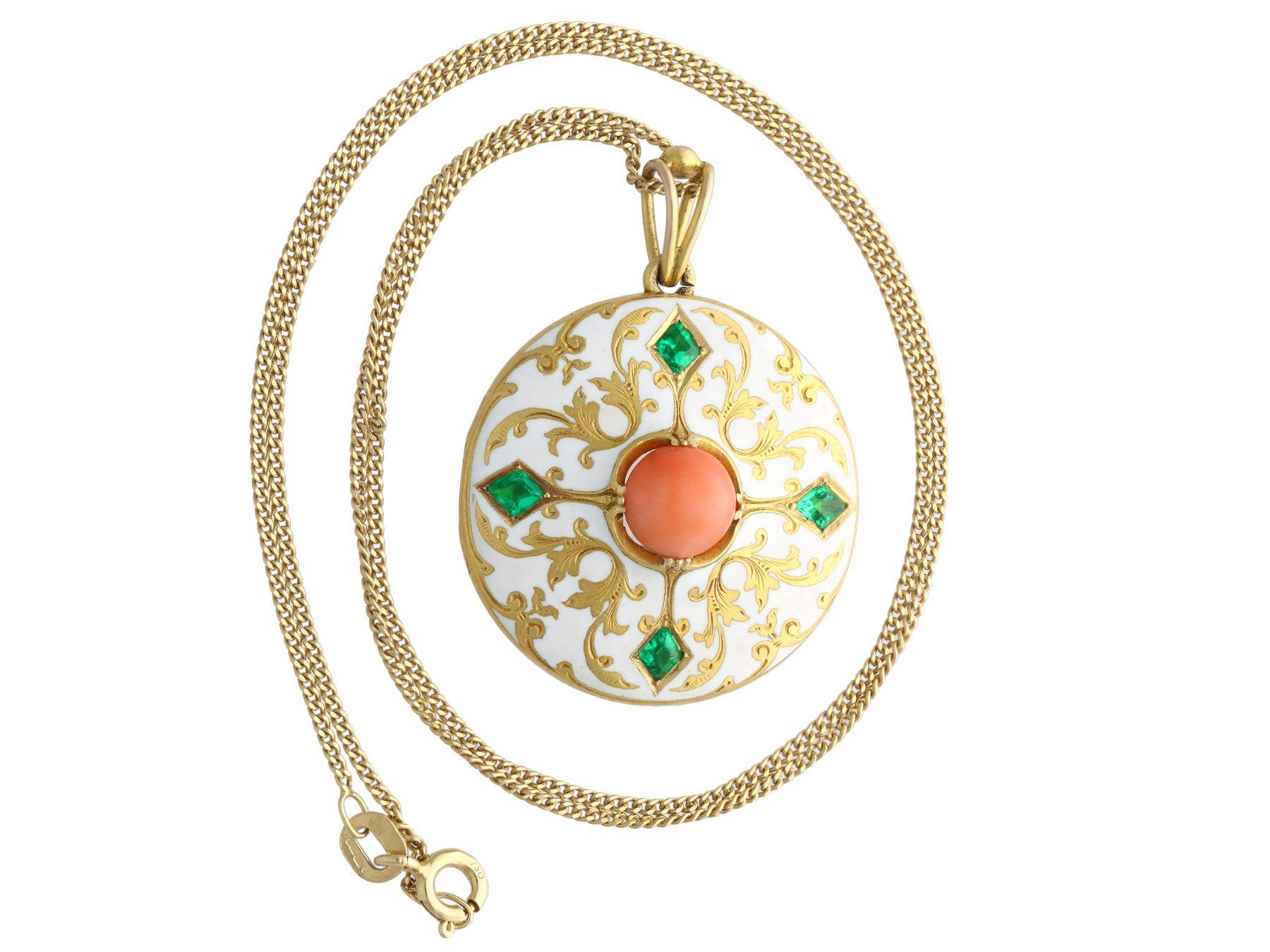 A stunning, fine and impressive Victorian 0.55 carat emerald, coral and enamel, 18 karat yellow gold locket pendant; part of our diverse antique jewelry collections

This stunning, fine and impressive antique locket pendant has been crafted in 18k
