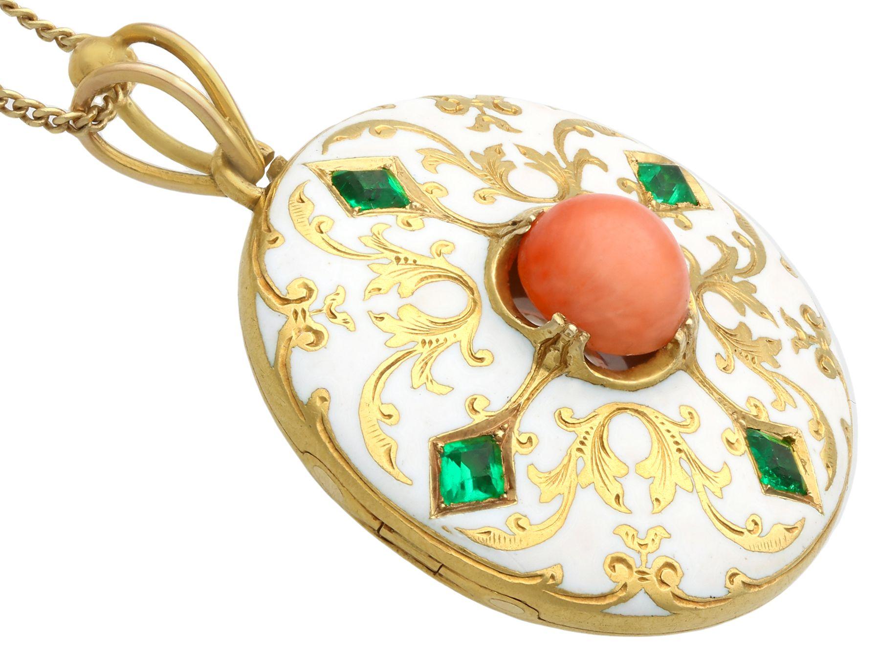 Cabochon Antique Victorian Emerald Coral and Enamel Yellow Gold Locket