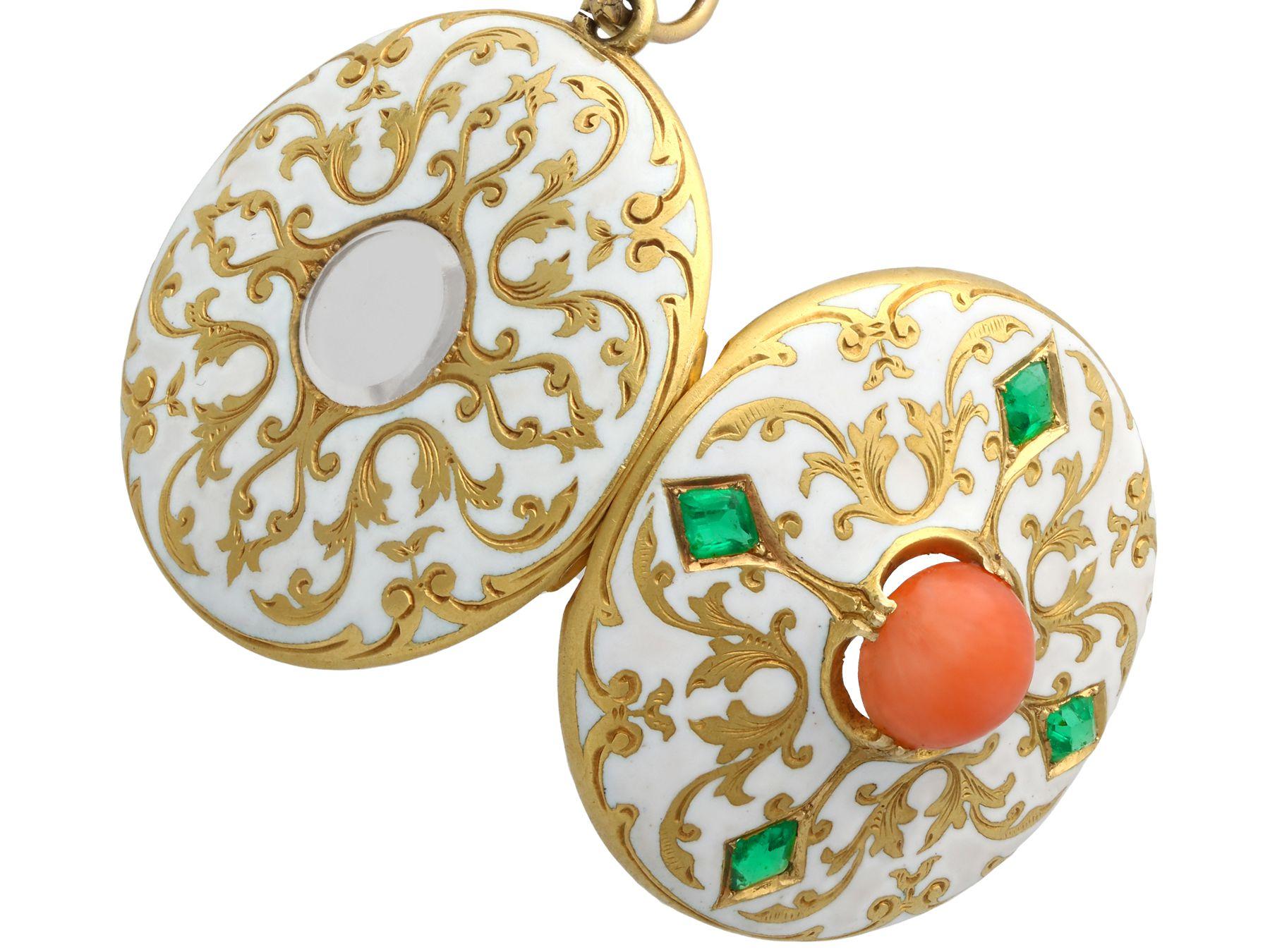 Antique Victorian Emerald Coral and Enamel Yellow Gold Locket 1