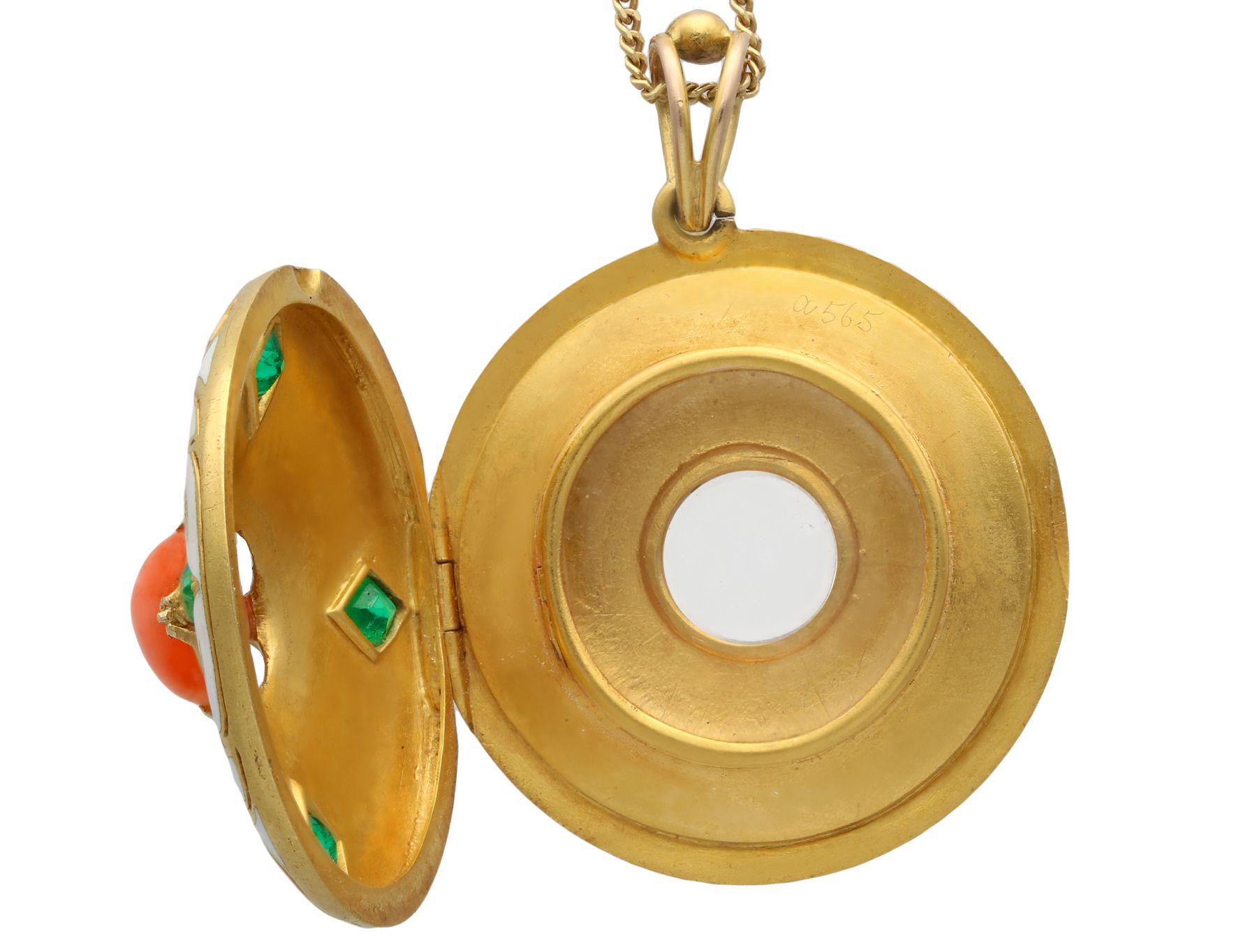 Antique Victorian Emerald Coral and Enamel Yellow Gold Locket 2