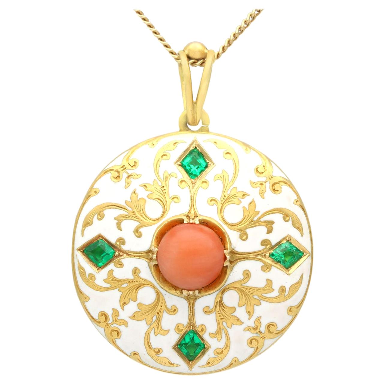 Antique Victorian Emerald Coral and Enamel Yellow Gold Locket