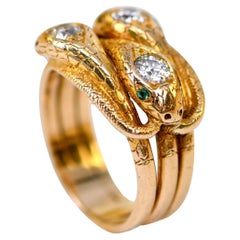 Antique Victorian Emerald, Diamond and Gold Snake Ring