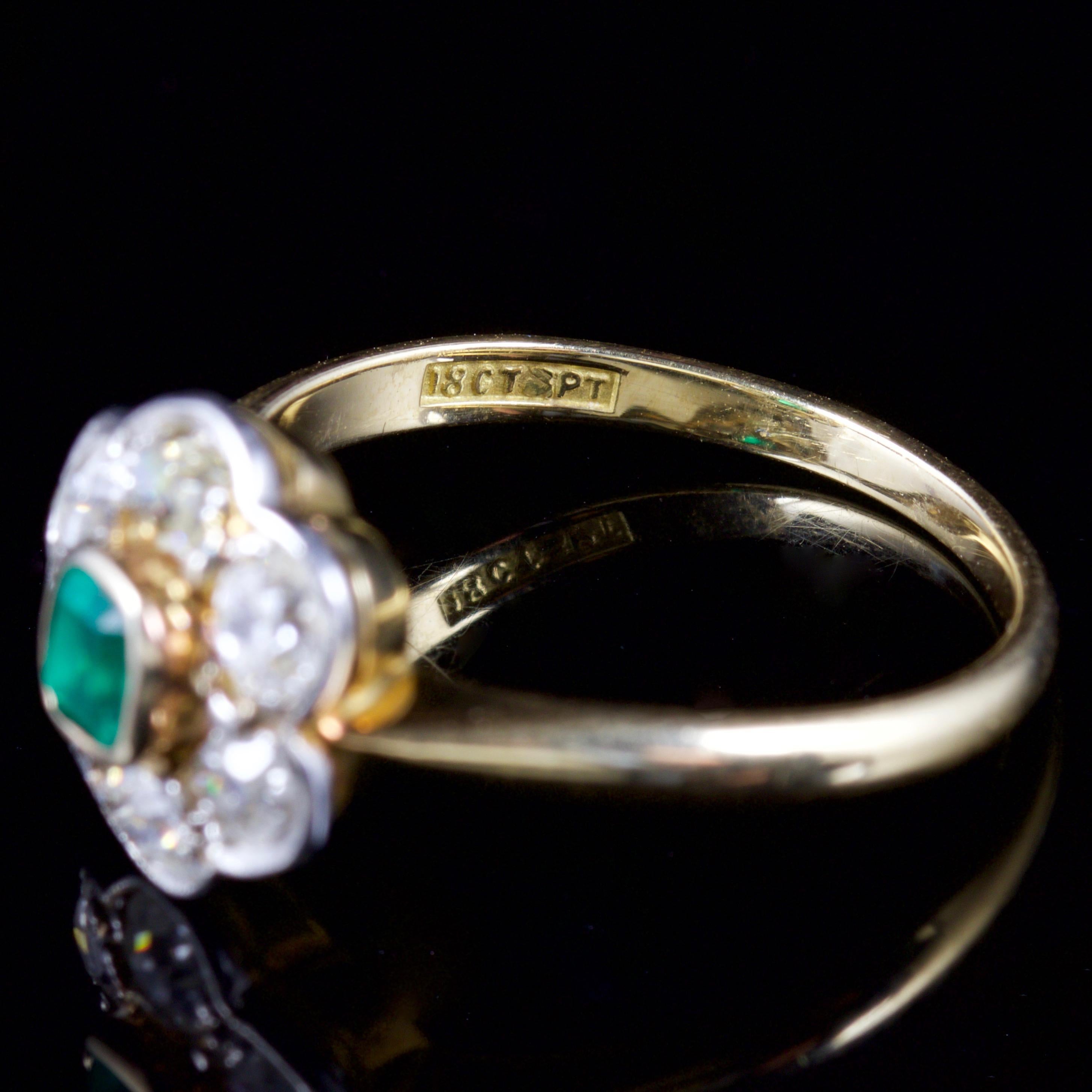 Antique Victorian Emerald Diamond Cluster Ring 18 Carat Gold, circa 1900 2