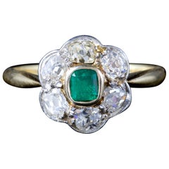 Antique Victorian Emerald Diamond Cluster Ring 18 Carat Gold, circa 1900