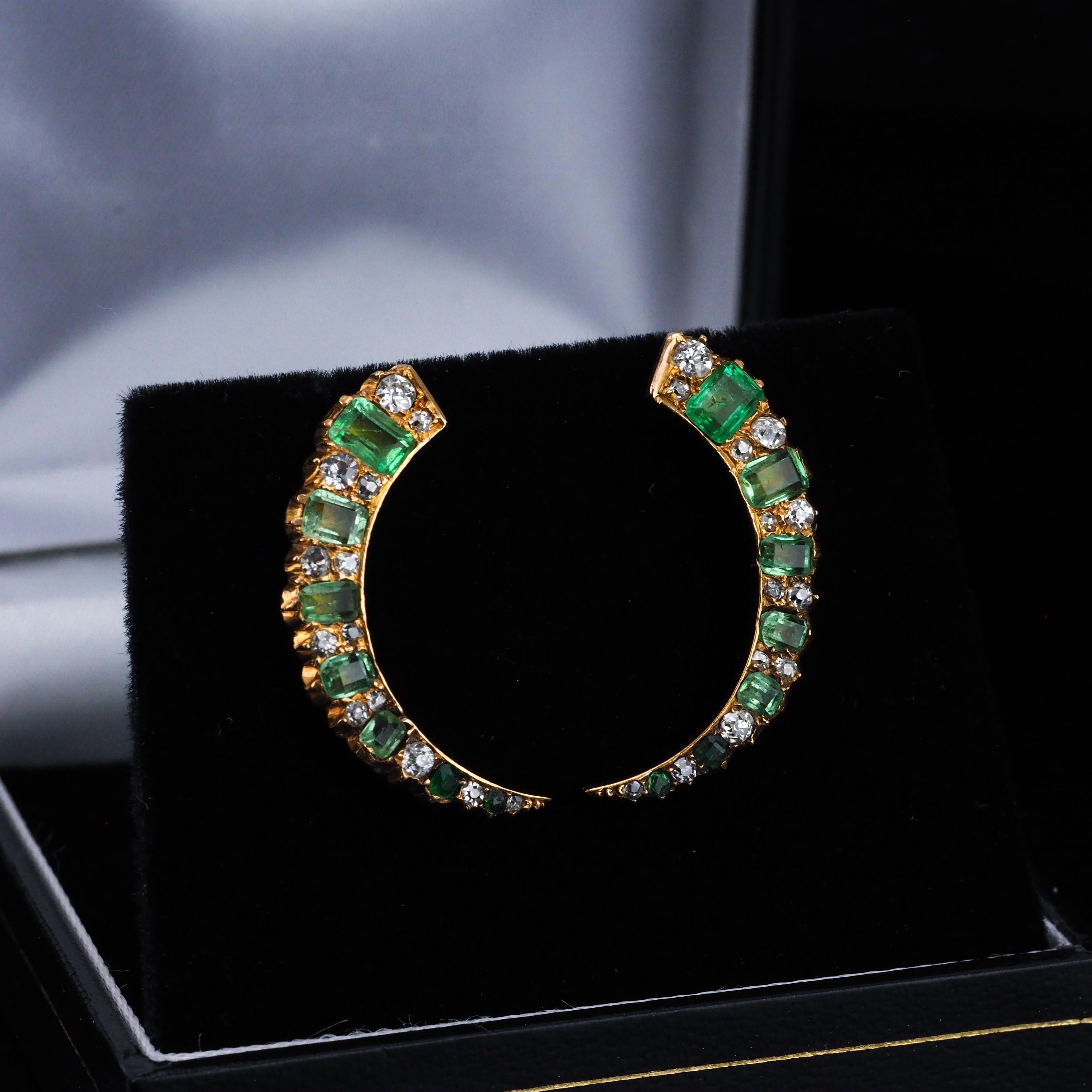 Antique Victorian Emerald & Diamond Earrings 18K Gold Crescent Design - c.1890 For Sale 5