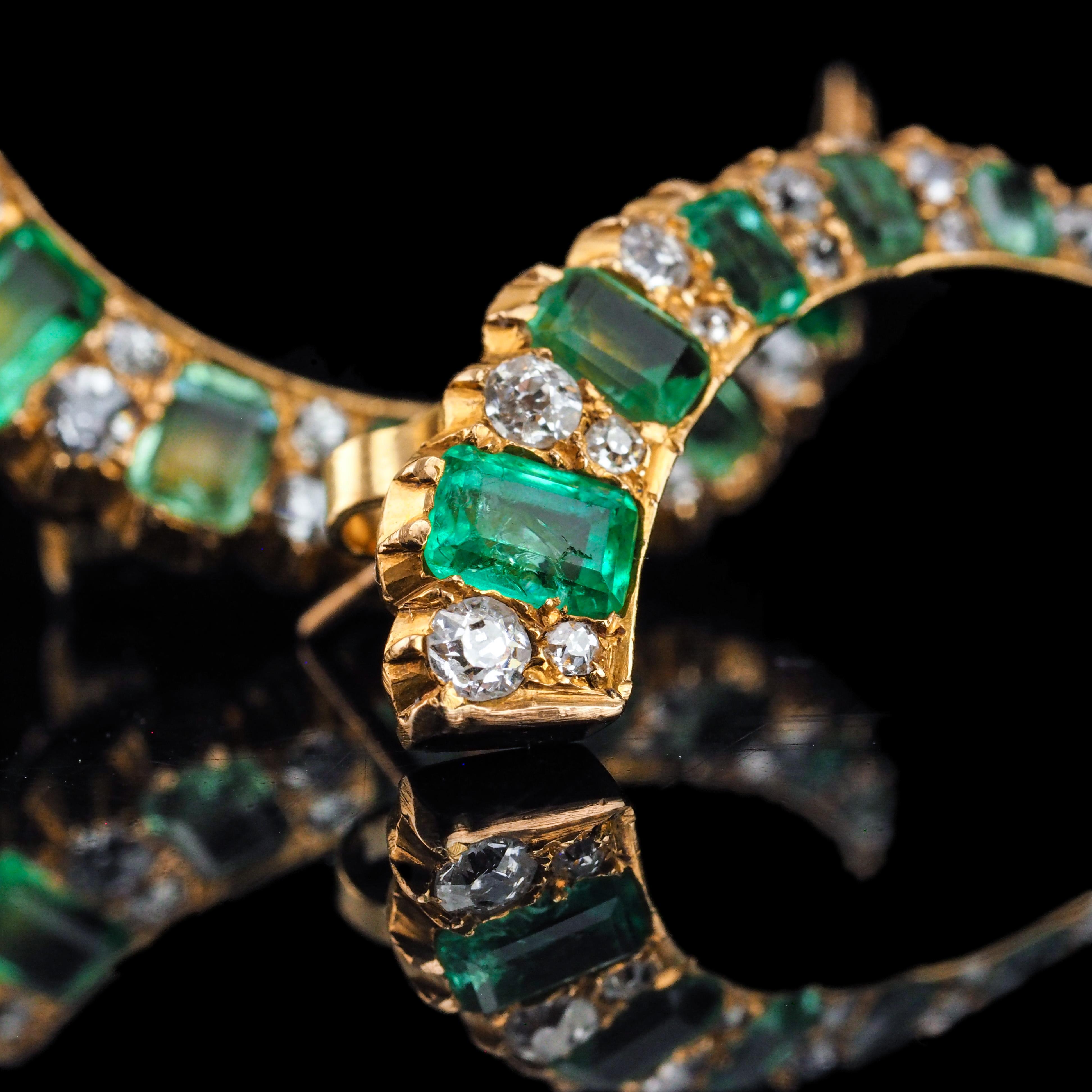 Antique Victorian Emerald & Diamond Earrings 18K Gold Crescent Design - c.1890 For Sale 6