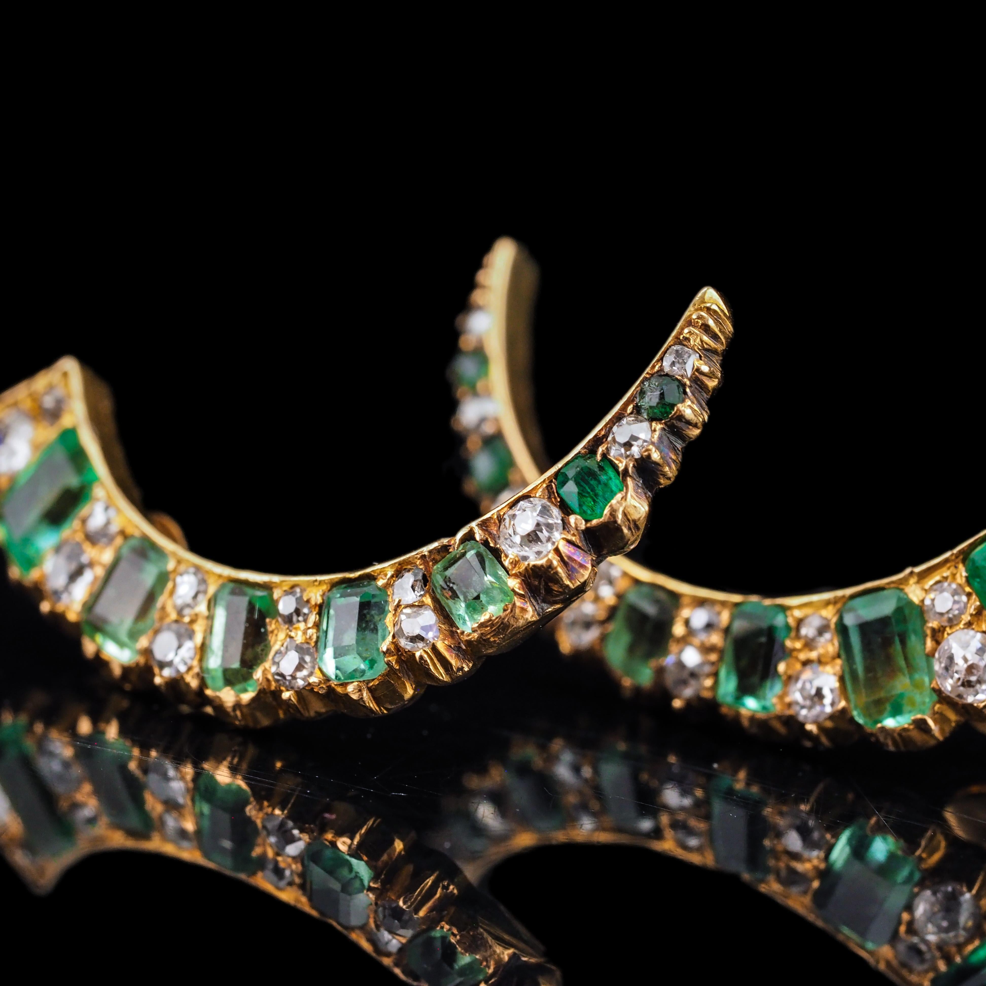Antique Victorian Emerald & Diamond Earrings 18K Gold Crescent Design - c.1890 For Sale 9
