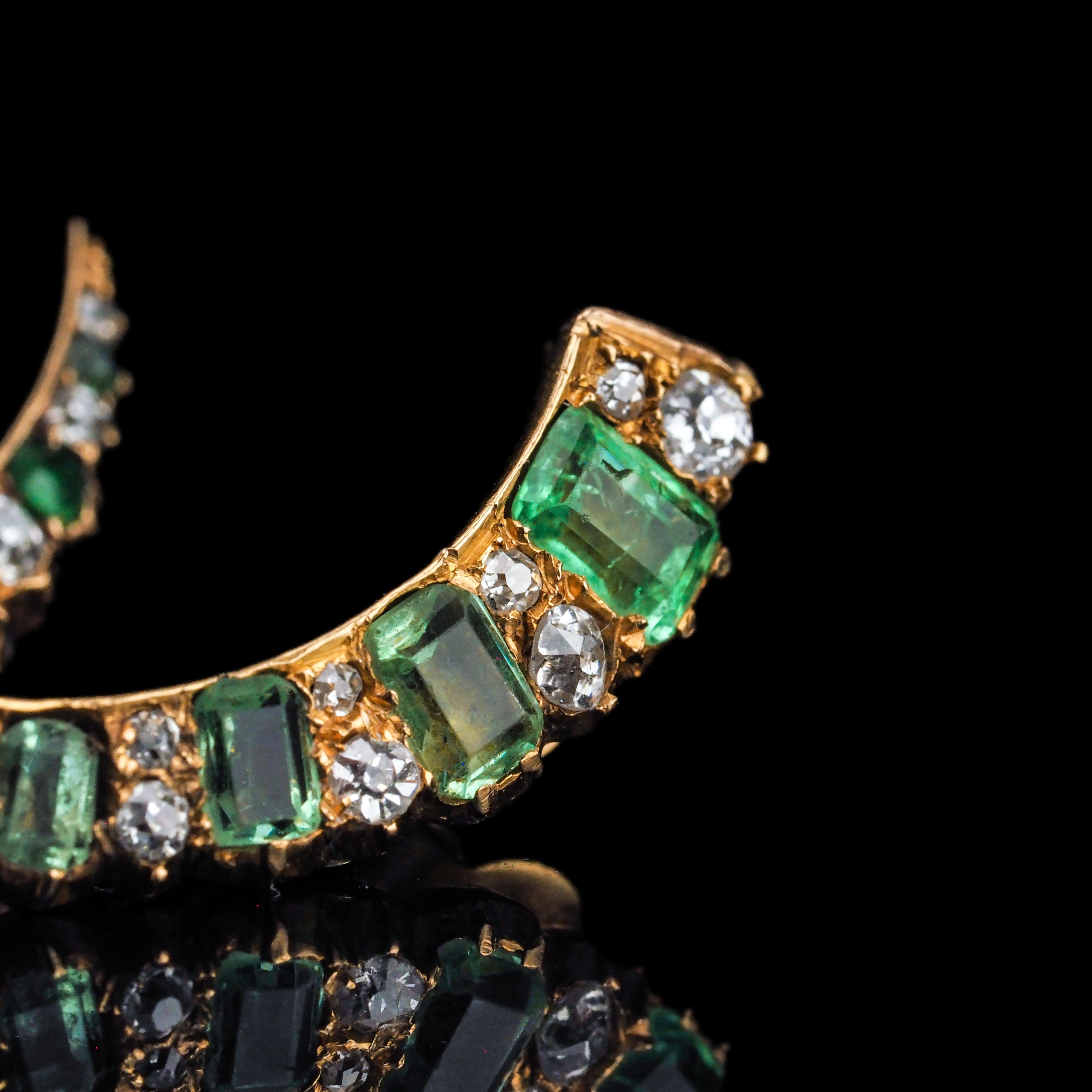 Antique Victorian Emerald & Diamond Earrings 18K Gold Crescent Design - c.1890 For Sale 10