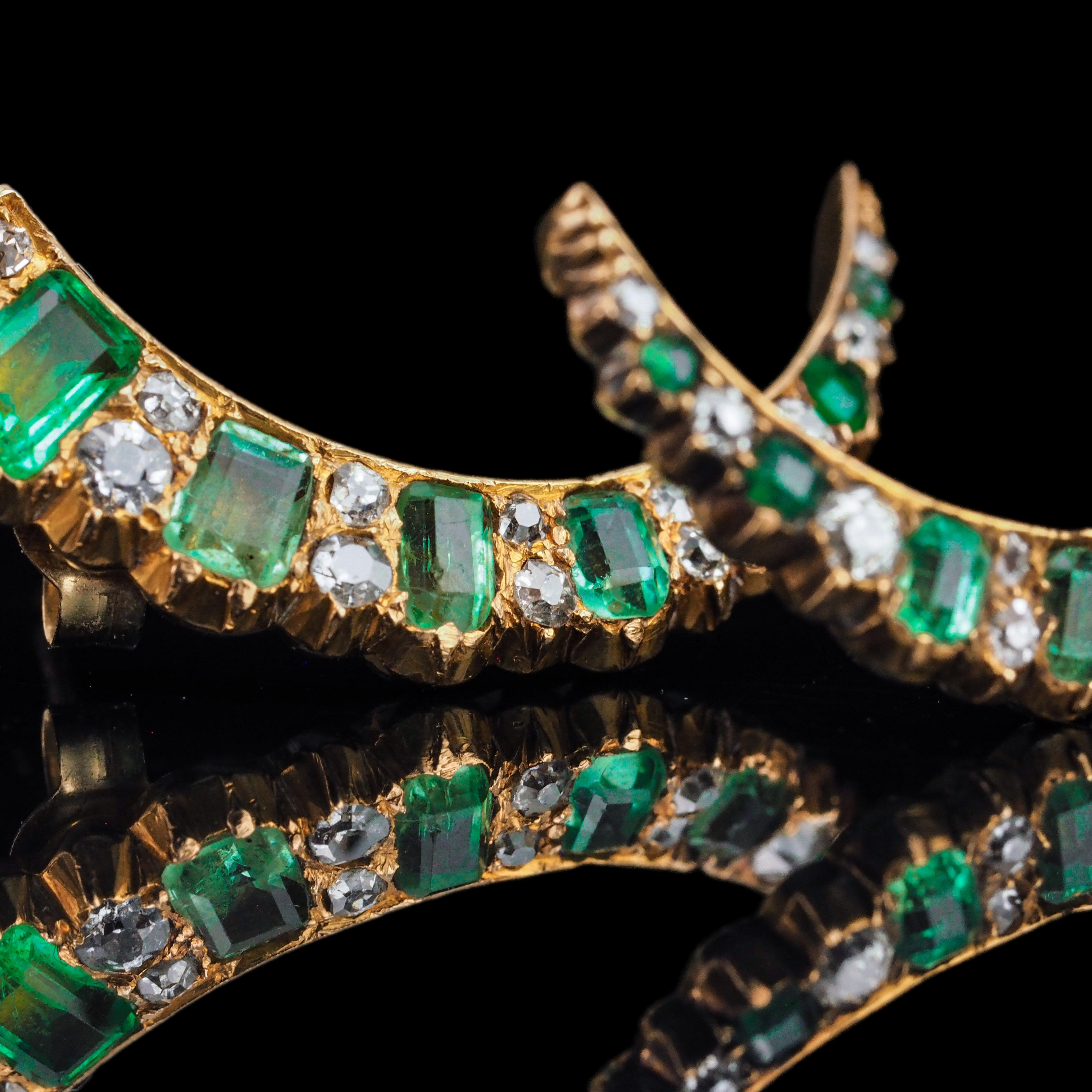 Emerald Cut Antique Victorian Emerald & Diamond Earrings 18K Gold Crescent Design - c.1890 For Sale